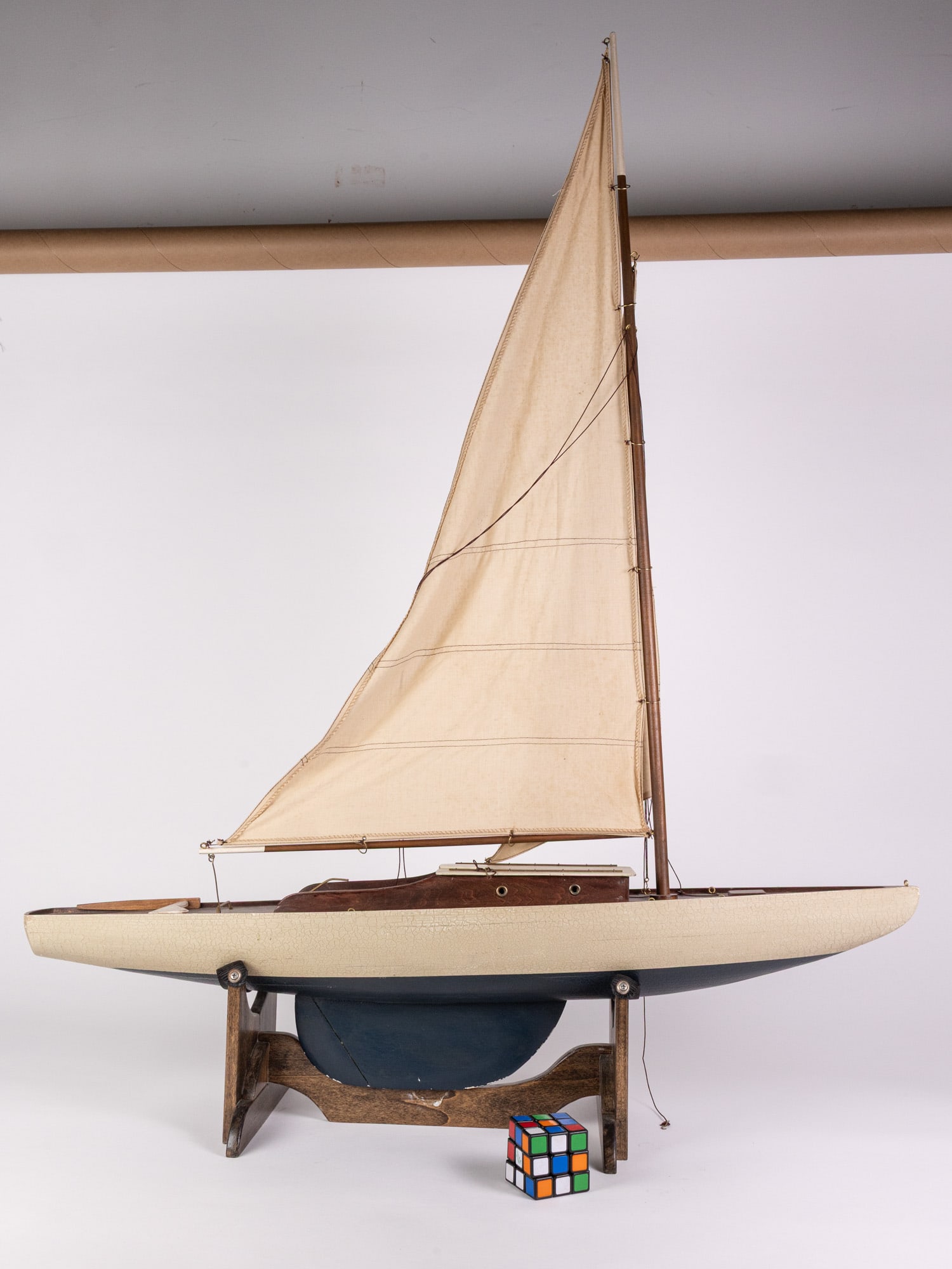 Vintage Handcrafted Wood & Canvas Pond Sailboat/Yachty and Display Stand - 3