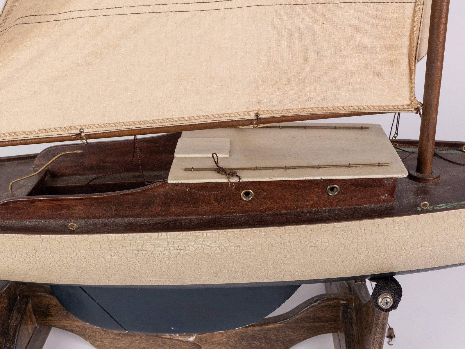 Vintage Handcrafted Wood & Canvas Pond Sailboat/Yachty and Display Stand - 5