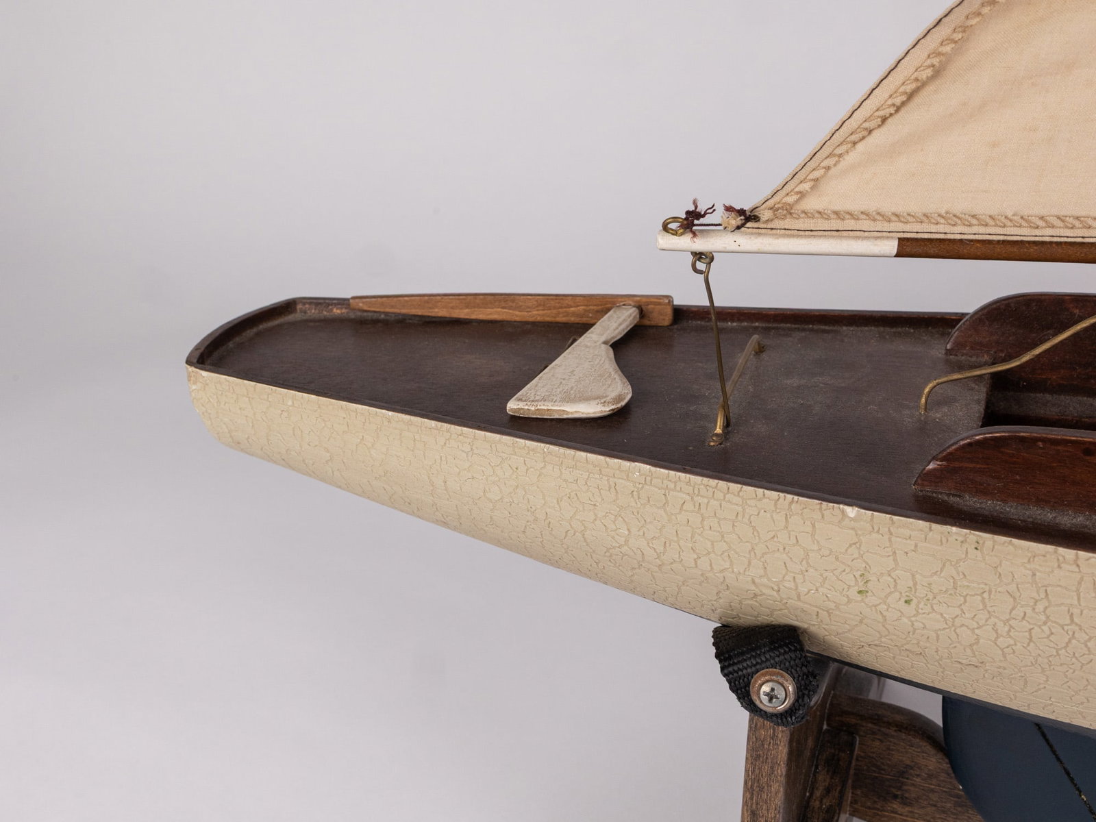 Vintage Handcrafted Wood & Canvas Pond Sailboat/Yachty and Display Stand - 7