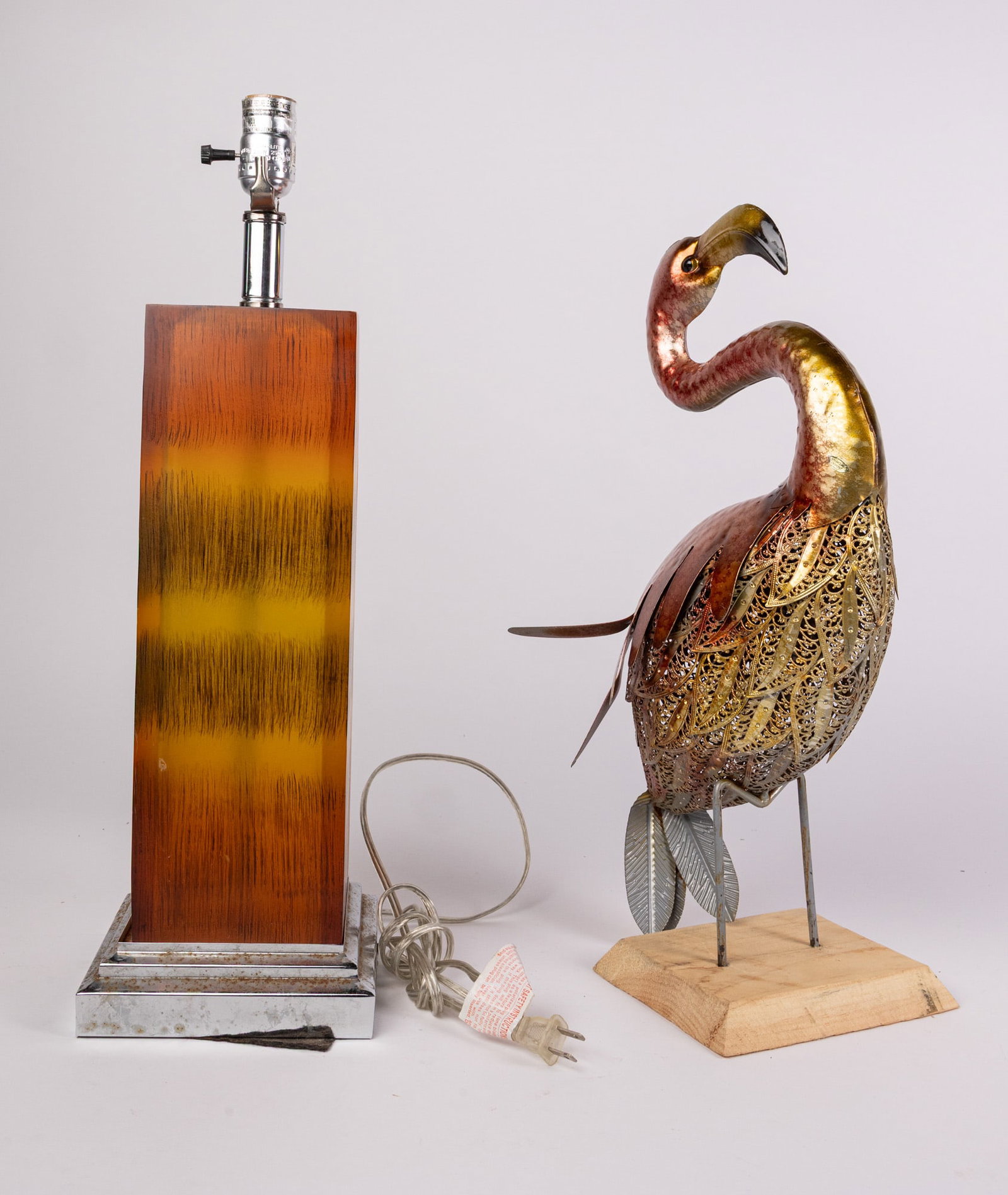 Vintage MCM Table Lamp and Metal Flamingo Sculpture: Vintage MCM Table Lamp and Metal Flamingo Sculpture Size 22" H Literature Brooks Auction – Online Auction Terms & Conditions Contact: (856) 694-2960 | info@brooks.auction READ BEFORE YOU BID: