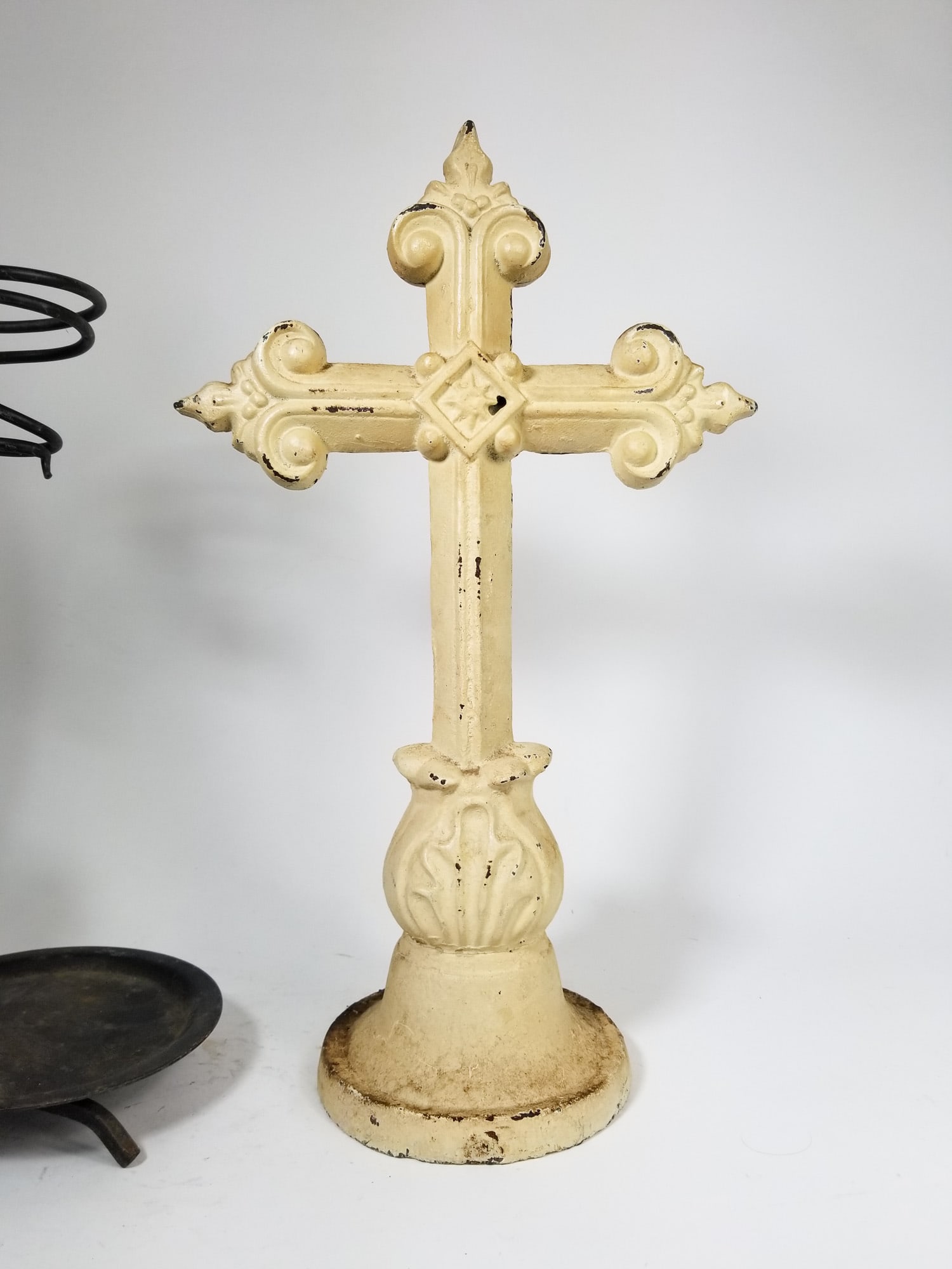 Decorative Cast Iron Cross Sculpture and Wrought Iron Candle Holder - 2