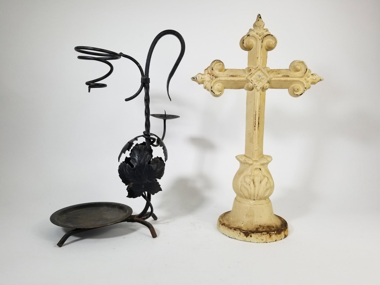 Decorative Cast Iron Cross Sculpture and Wrought Iron Candle Holder - 4