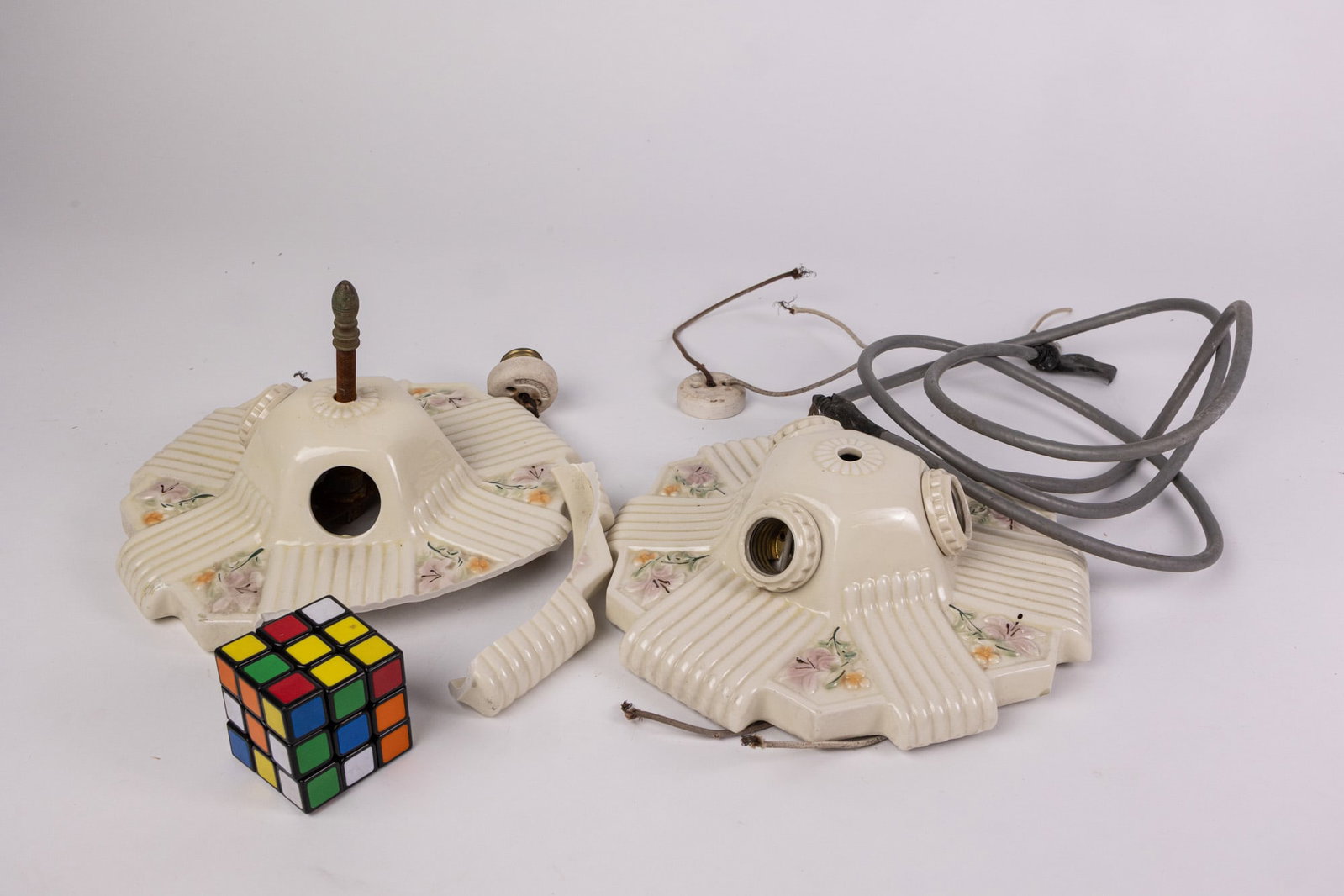 Two Early 20th Century Art Deco Ceramic Floral Light Fixtures - 2