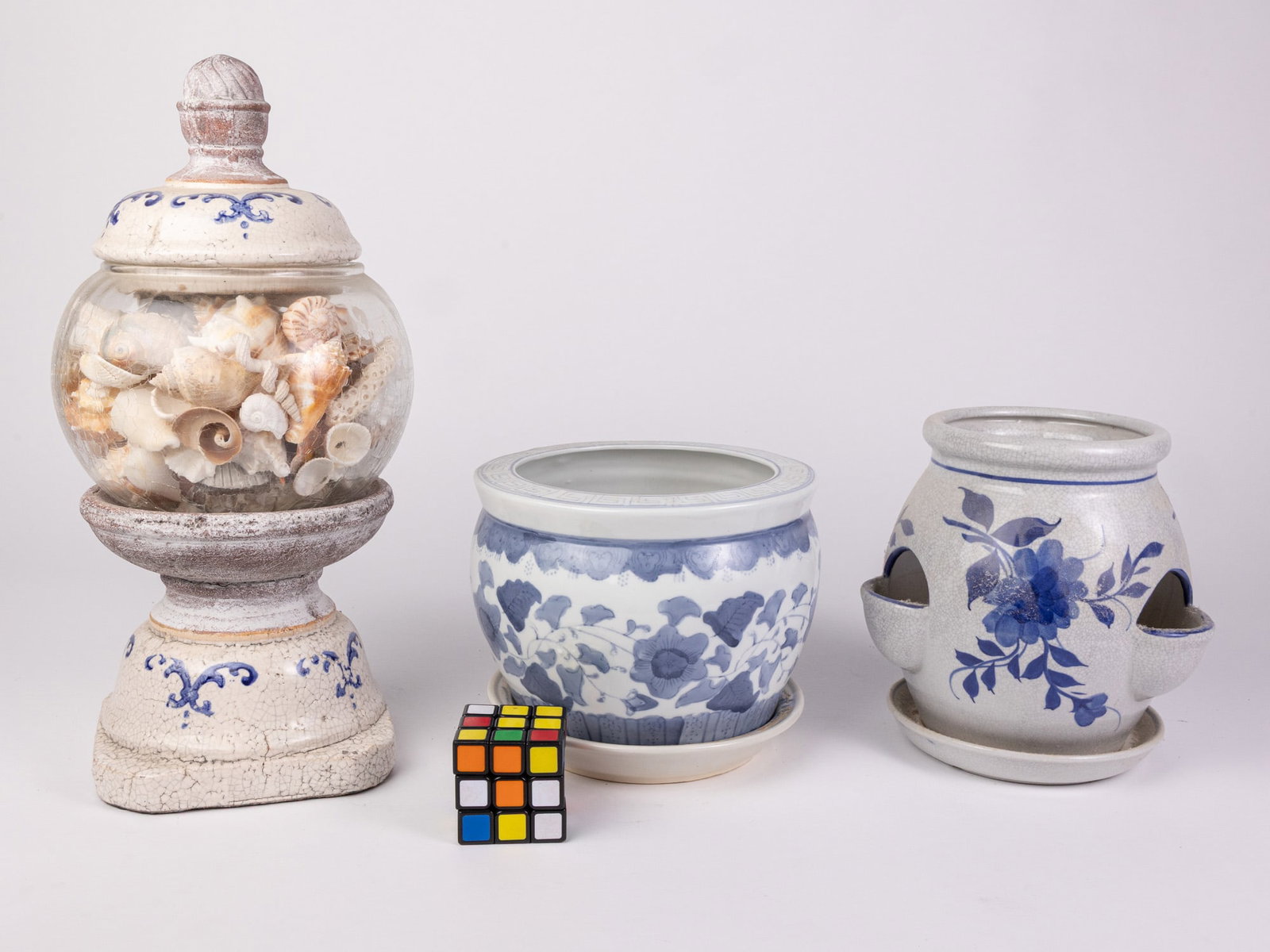 Three Decorative Ceramic Blue and White Vessels/Planters - 2