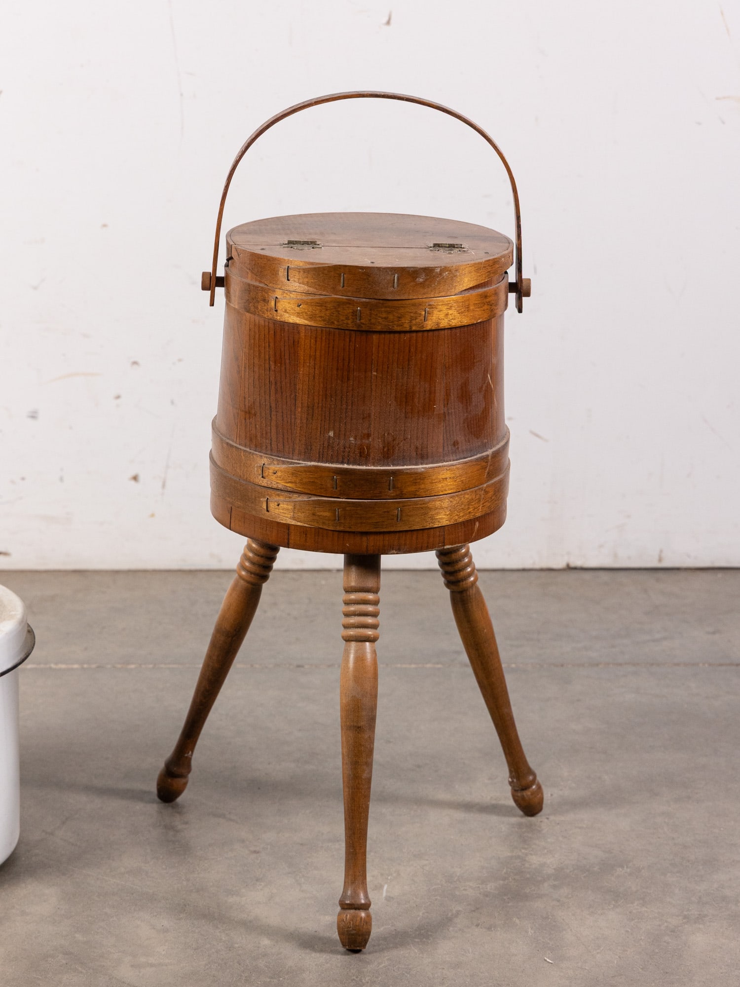 Primitive Firkin Table and Enamel Bucket - 3
