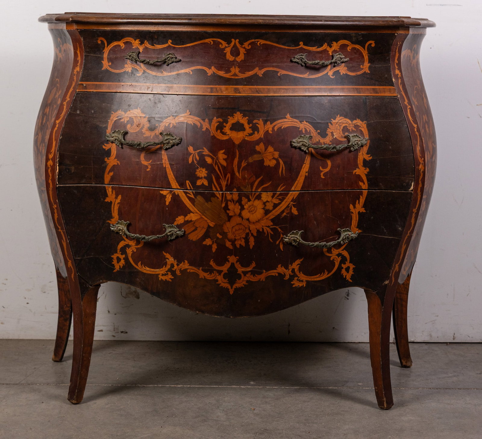 Vintage Louis XV Style Bombe Commode with Intricate Floral Marquetry (1 of 7)