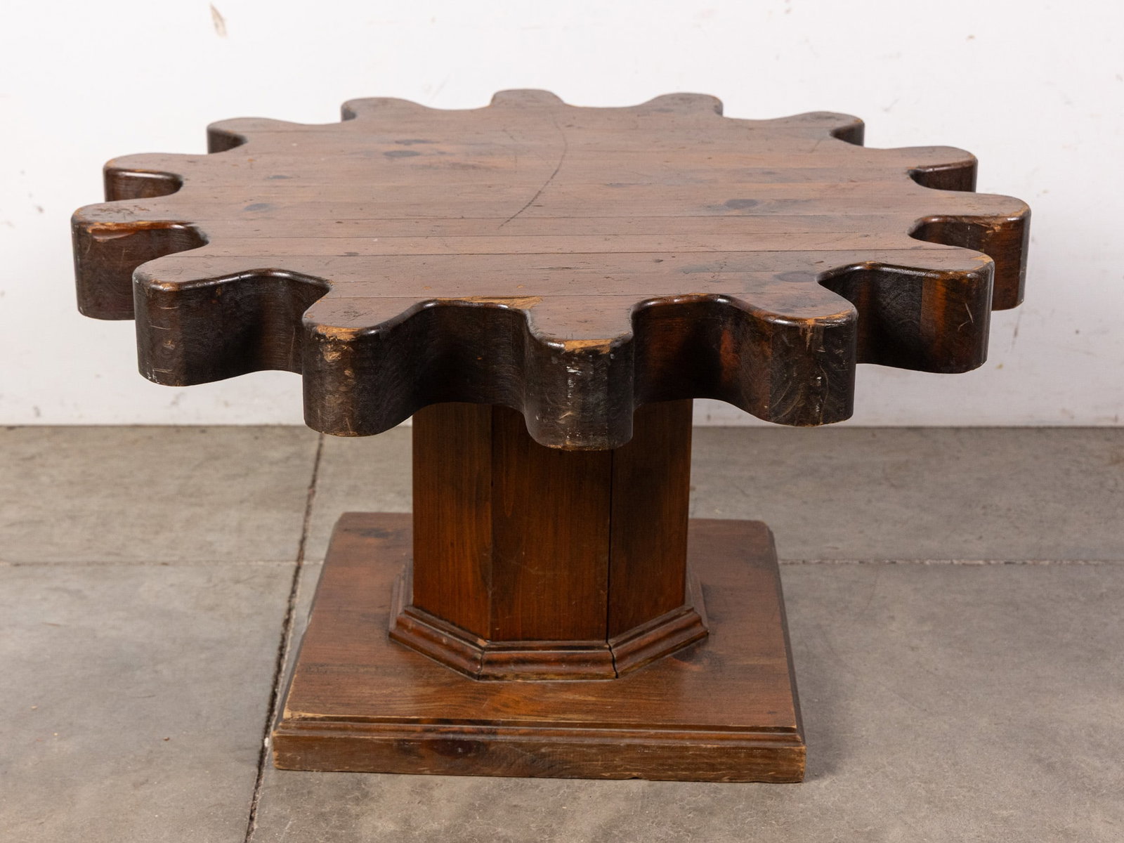 Unique Vintage Gear Shaped Accent Table: Unique Vintage Gear Shaped Accent Table Size 17" x 30" diameter Literature Brooks Auction – Online Auction Terms & Conditions Contact: (856) 694-2960 | info@brooks.auction READ BEFORE YOU BID: