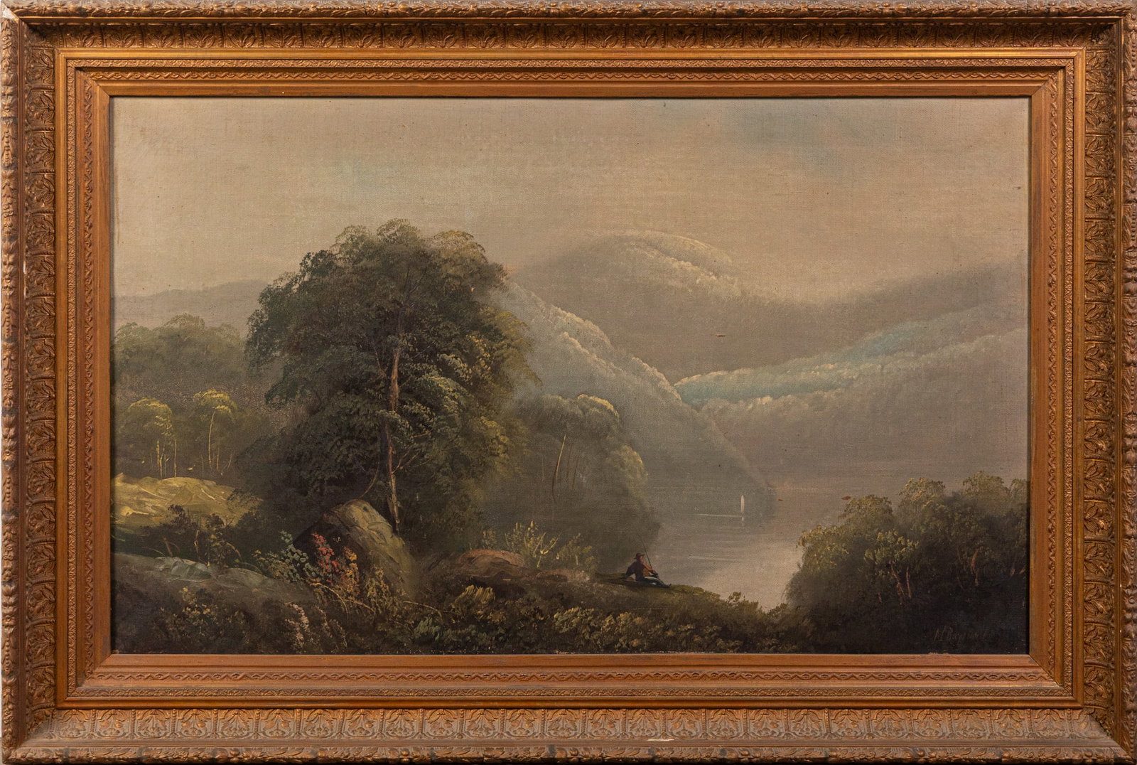 Original Framed Oil on Canvas: Original oil on canvas, likely early 20th century. Idyllic natural scene with one seated figure. Ornate gold toned wood frame. Size 28" x 42" Literature Brooks Auction – Online Auction Terms &