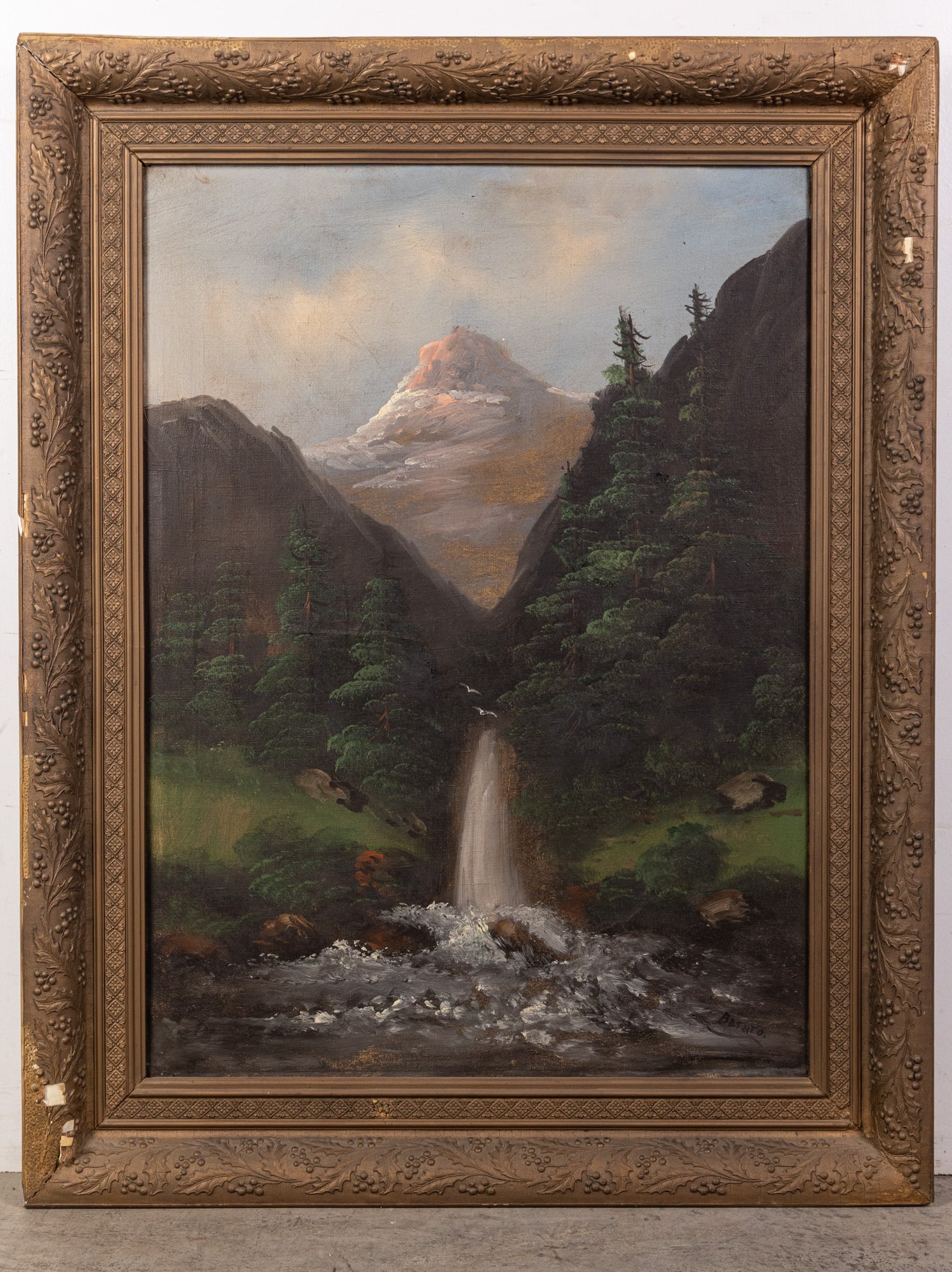 Framed Original Oil on Canvas: Original oil on canvas of a waterfall sign. Signed by the artist, possibly reads "Basaro" or "Basato". Antique holly motif frame. Literature Brooks Auction – Online Auction Terms & Conditions