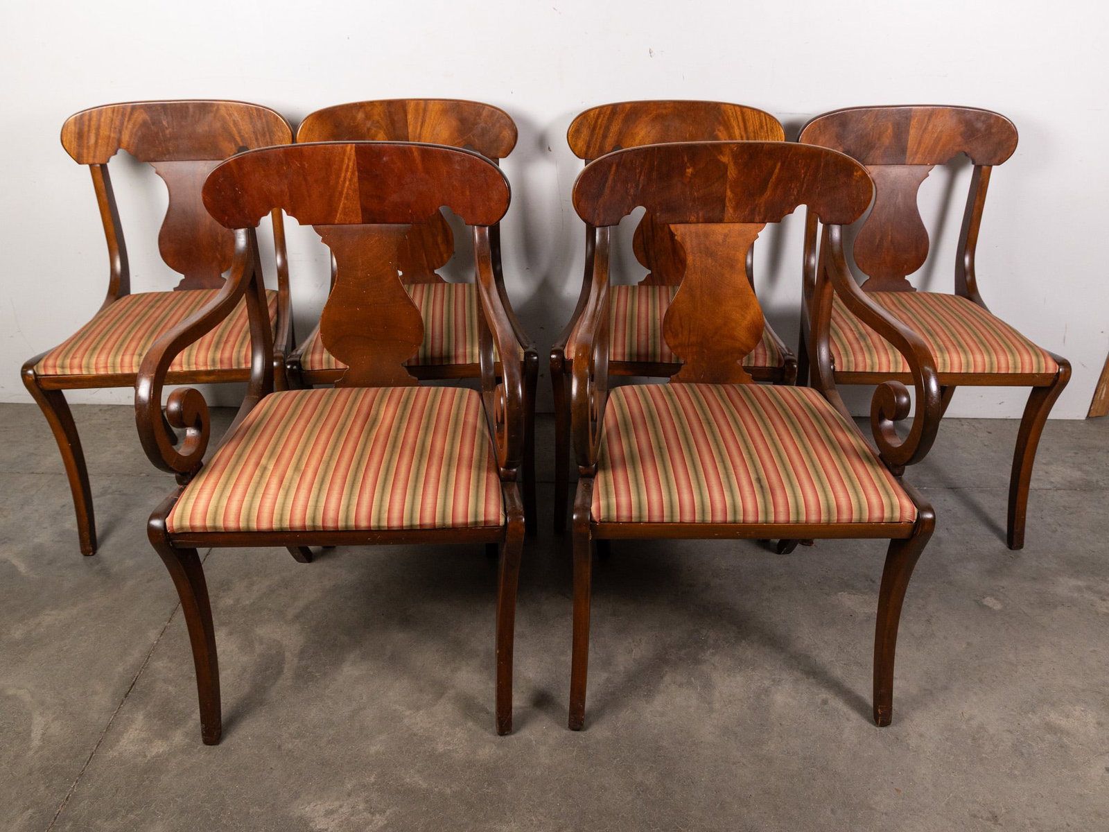 Set of Six Vintage Dining Chairs: Antique style vintage dining chairs with striped upholstery. Some staining. Size 36" H Literature Brooks Auction – Online Auction Terms & Conditions Contact: (856) 694-2960 |
