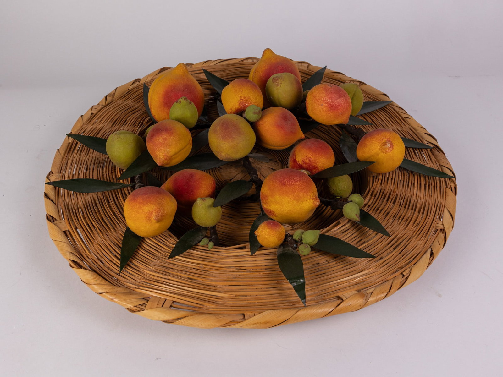 Peach Motif Farmhouse Decor Wall Mounted Wreath: Peach Motif Farmhouse Decor Wall Mounted Wreath Size 24" diameter Literature Brooks Auction – Online Auction Terms & Conditions Contact: (856) 694-2960 | info@brooks.auction READ BEFORE YOU