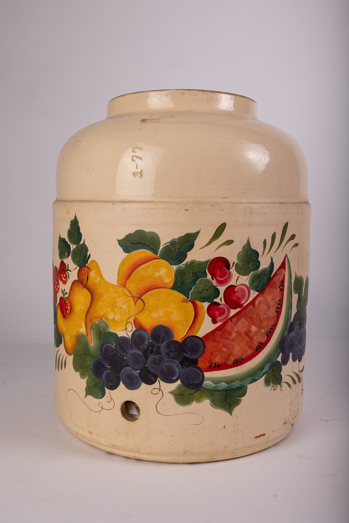 Large Stoneware Vessel with Painted Fruit Motif: Large Stoneware Vessel with Painted Fruit Motif Literature Brooks Auction – Online Auction Terms & Conditions Contact: (856) 694-2960 | info@brooks.auction READ BEFORE YOU BID: We want you to fe