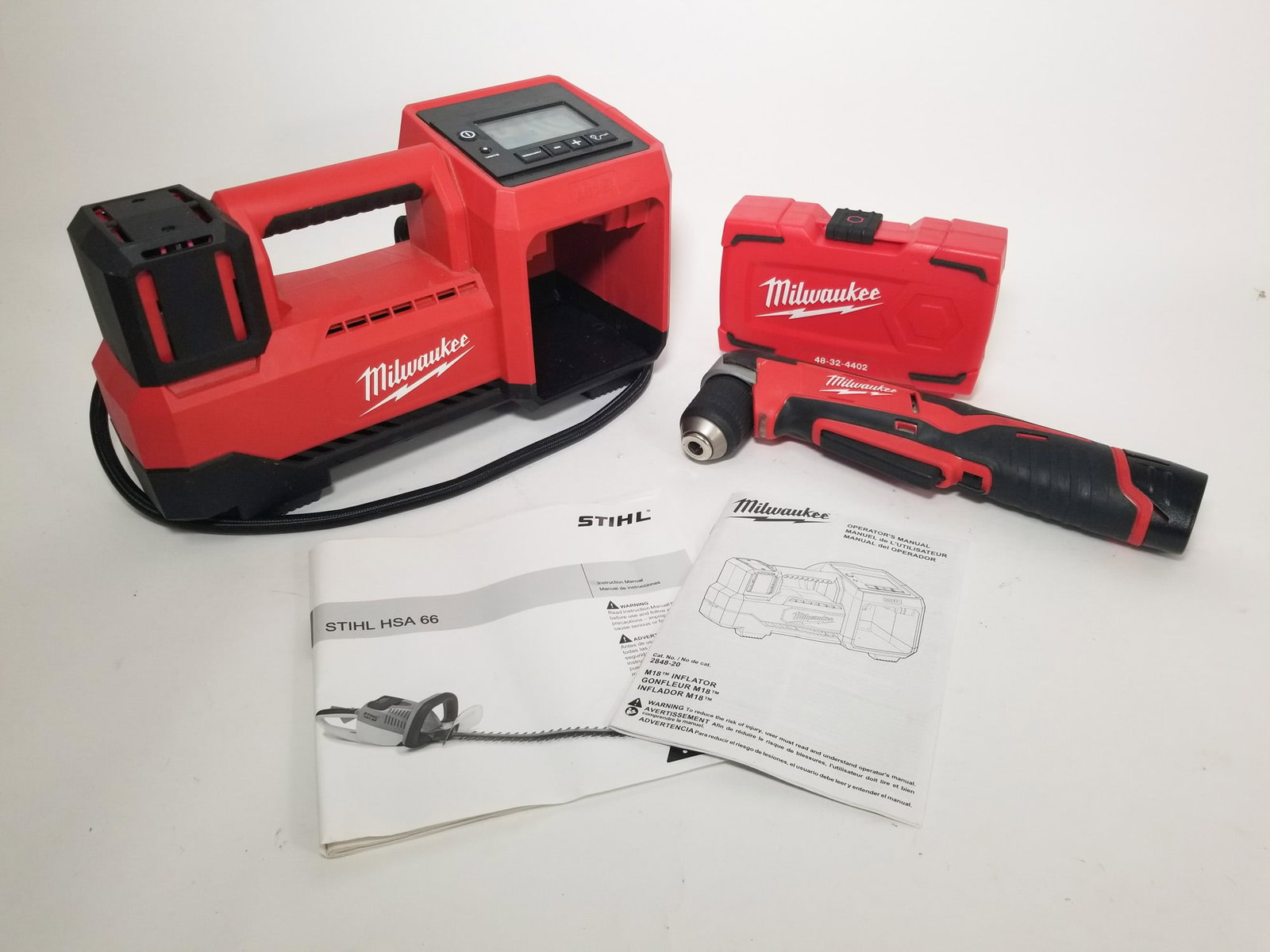 Tool Assortment Lot: Stihl HSA 66 - Milwaukee M18 Inflator - Milwaukee M12 Angle drill - and more Literature Brooks Auction – Online Auction Terms & Conditions Contact: (856) 694-2960 | info@brooks.auction READ