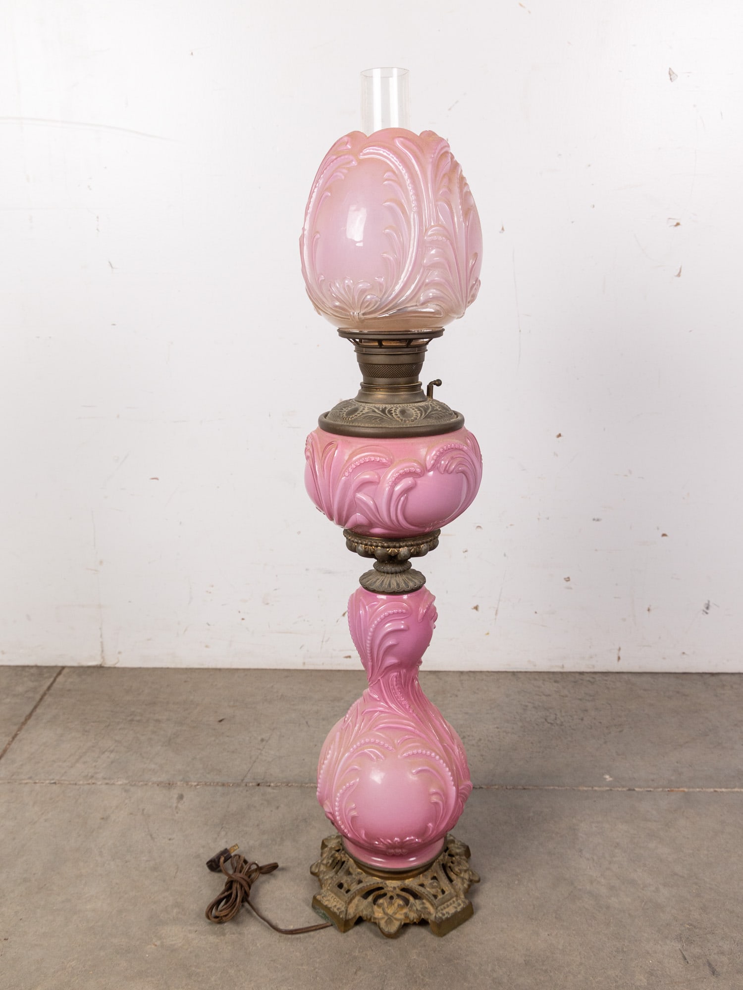 Antique Victorian Converted Electric Pink Molded Glass Lamp: Antique Victorian Converted Electric Pink Molded Glass Lamp Size 36" H Literature Brooks Auction – Online Auction Terms & Conditions Contact: (856) 694-2960 | info@brooks.auction READ BEFORE