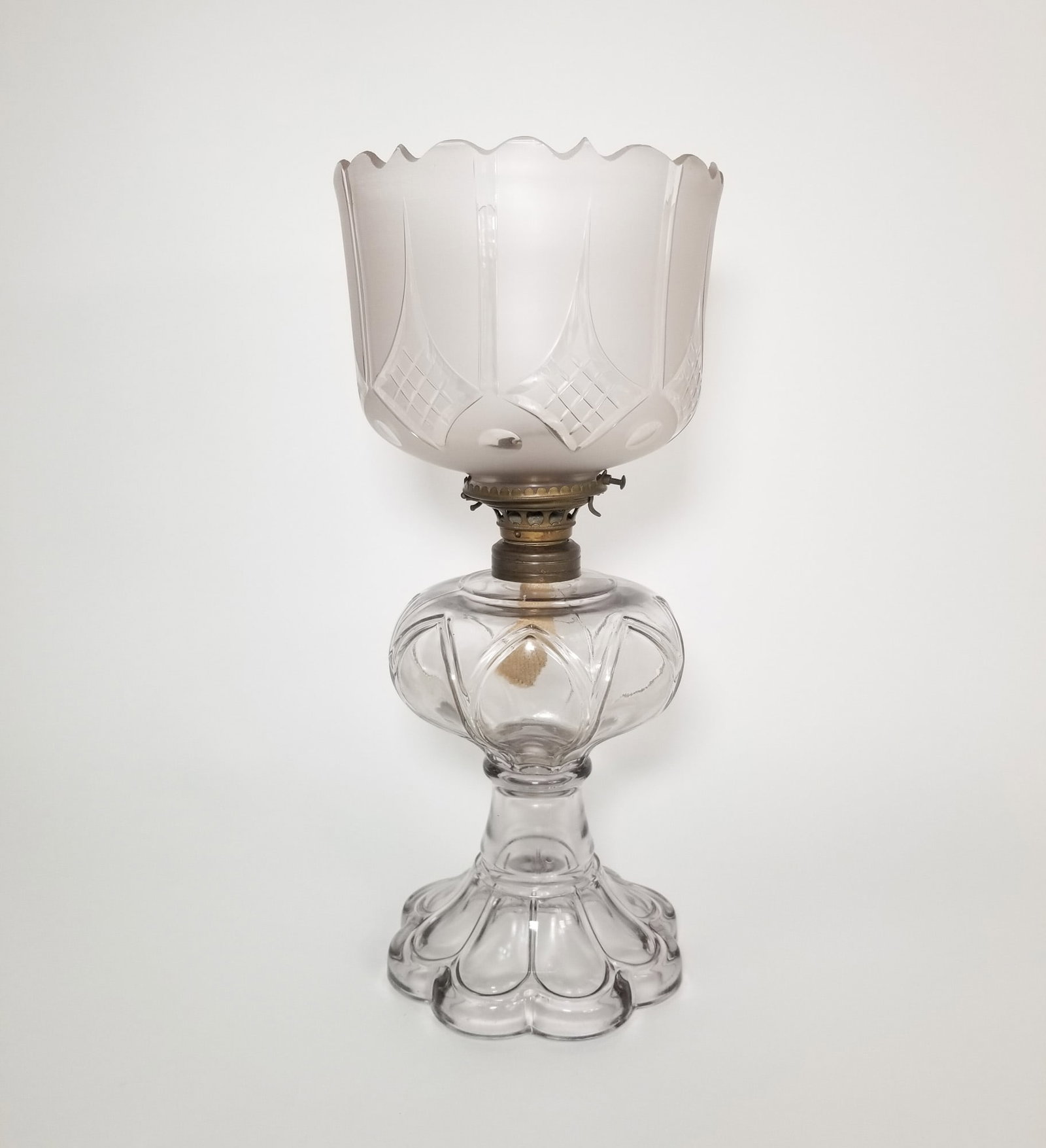 Cornelius Baker c. 1850 Wheel Cut Gasolier Shade on Victorian Lamp Base: Cornelius Baker c. 1850 Wheel Cut Gasolier Shade on Victorian Lamp Base Size 15" H Literature Brooks Auction – Online Auction Terms & Conditions Contact: (856) 694-2960 | info@brooks.auction