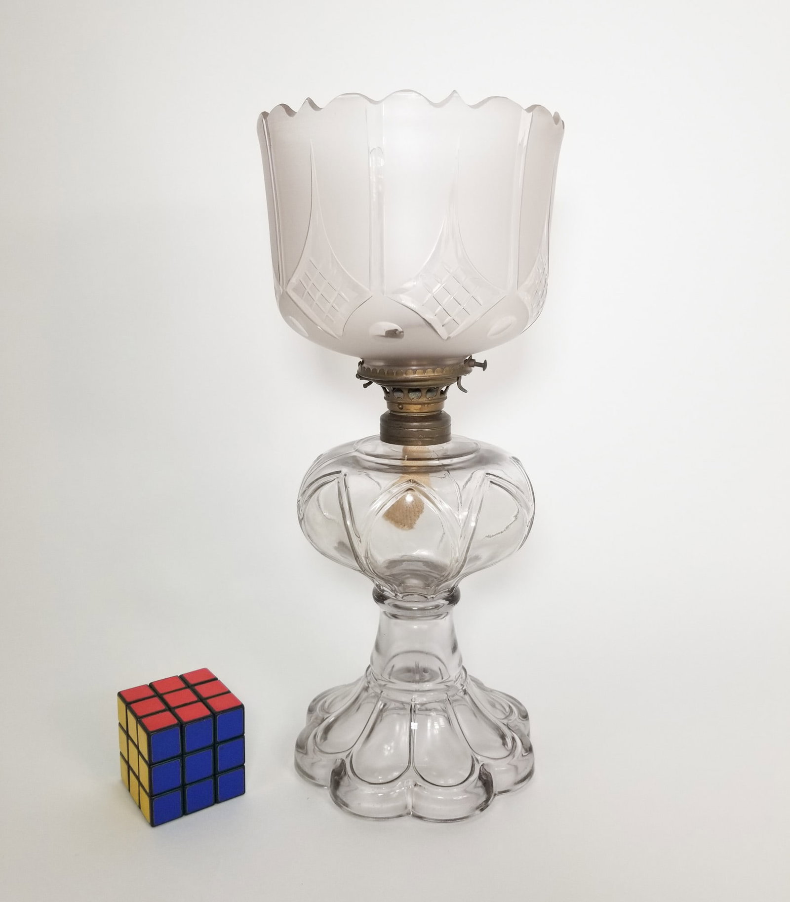 Cornelius Baker c. 1850 Wheel Cut Gasolier Shade on Victorian Lamp Base - 2
