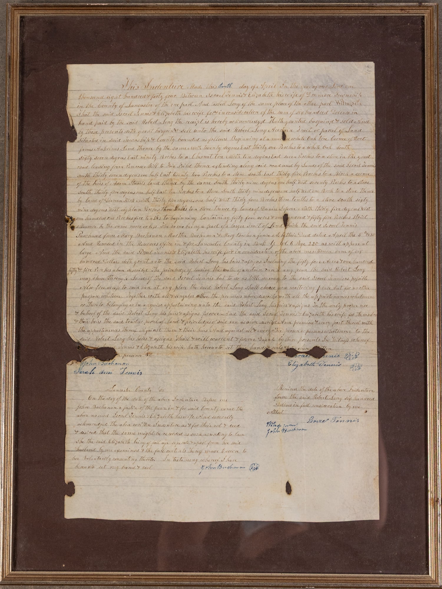 Framed 1844 Lancaster, Pennsylvania Indenture Document (1 of 4)