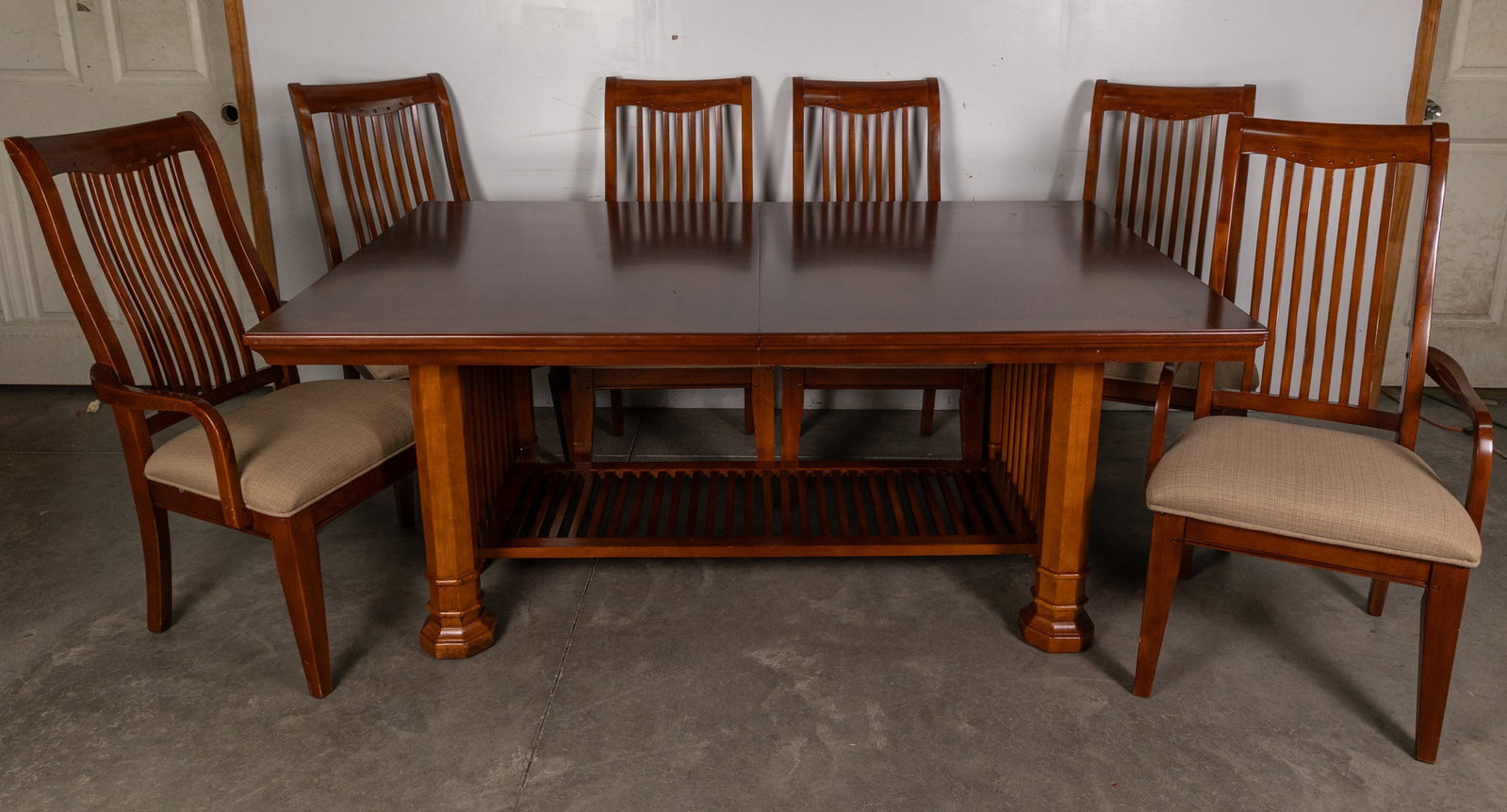 Contemporary Frank Lloyd Wright "Husser" Style Mission Style Dining Set: Manufactured by Legacy Classic Furniture Size 30" x 72" x 44" Literature Brooks Auction – Online Auction Terms & Conditions Contact: (856) 694-2960 | info@brooks.auction READ BEFORE YOU BID: