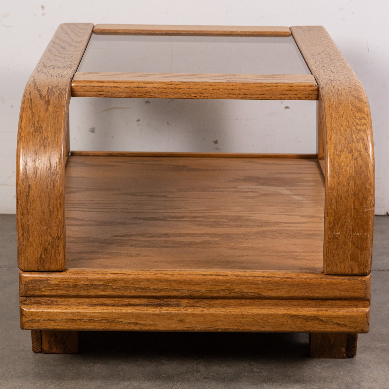 Modern Glass and Oak Bentwood End Table: Modern Glass and Oak Bentwood End Table Size 17" x 22" x 31" Literature Brooks Auction – Online Auction Terms & Conditions Contact: (856) 694-2960 | info@brooks.auction READ BEFORE YOU BID: We