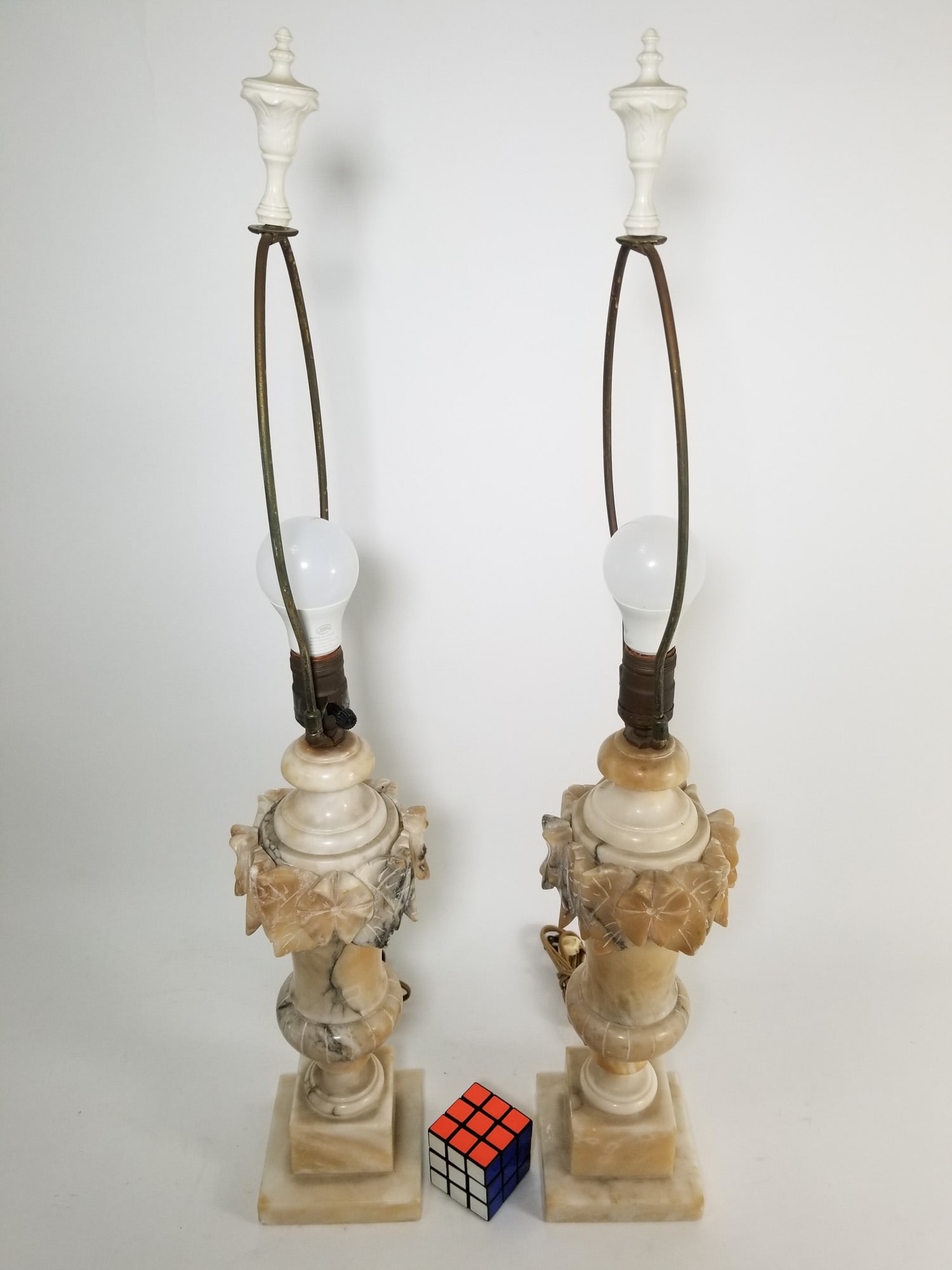 Pair of Antique Italian Alabaster Hand Carved Table Lamps - 2