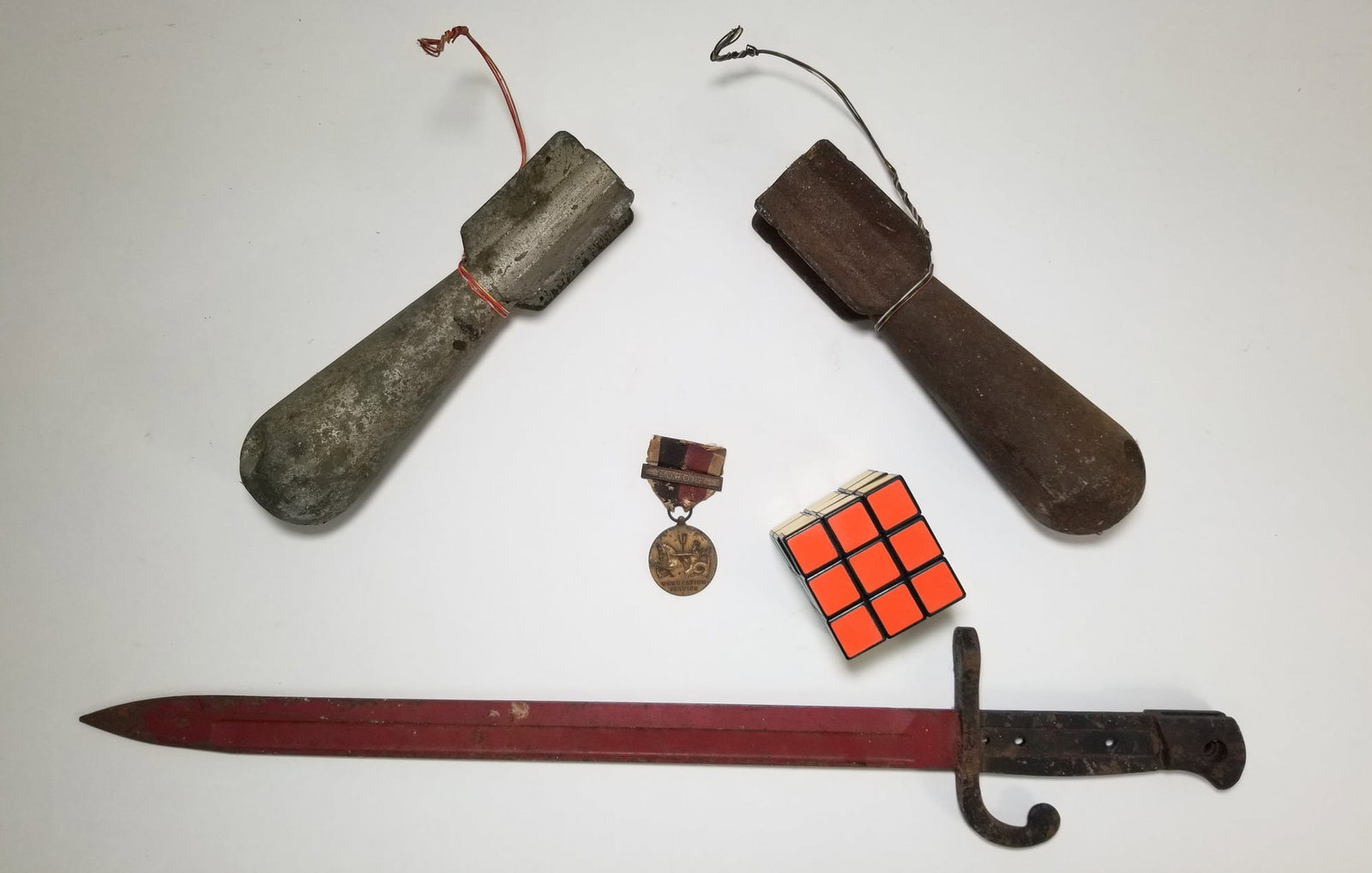 Vintage Military Bayonet and Two Practice Bombs - 2