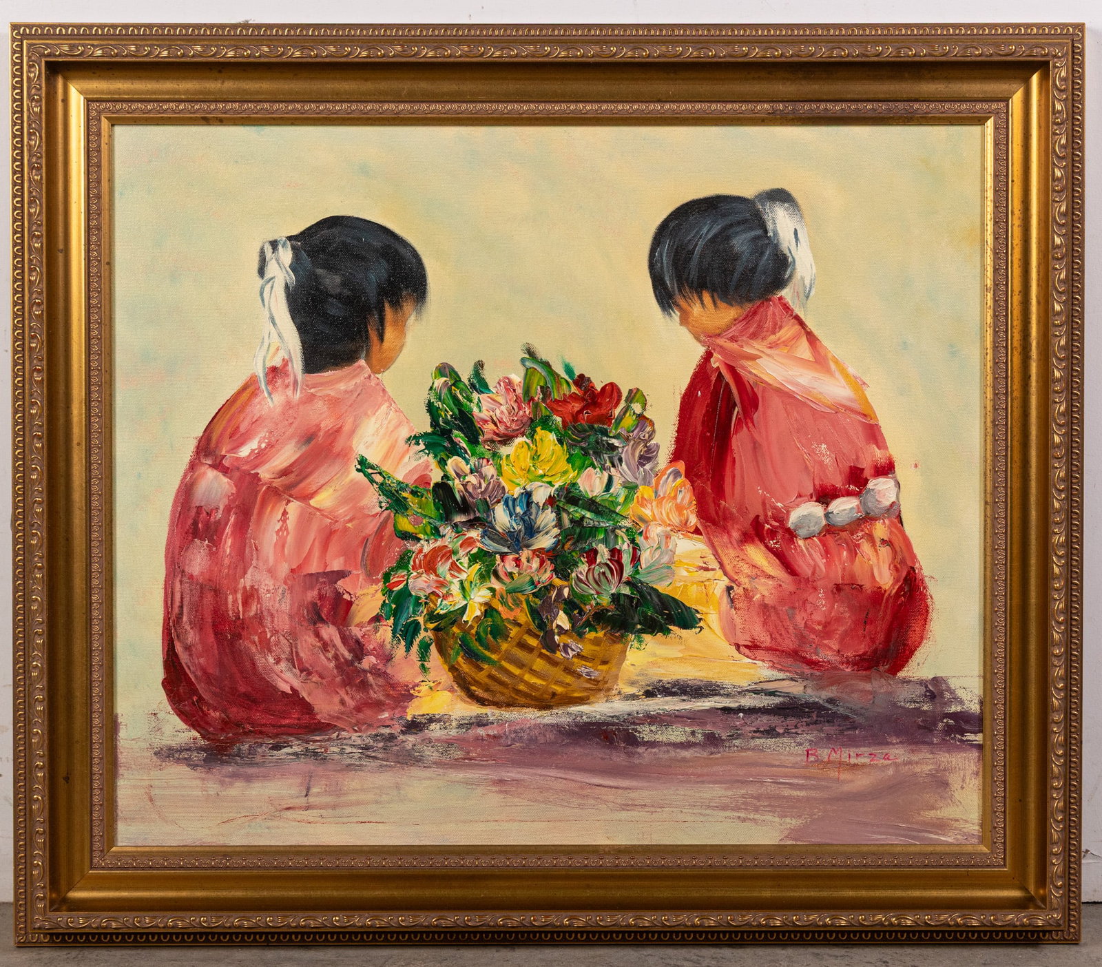 B. Mira, Painting of Two Asian Girls and Flowers: B. Mira, Painting of Two Asian Girls and Flowers Size 25" x 29" Literature Brooks Auction – Online Auction Terms & Conditions Contact: (856) 694-2960 | info@brooks.auction READ BEFORE YOU BID: