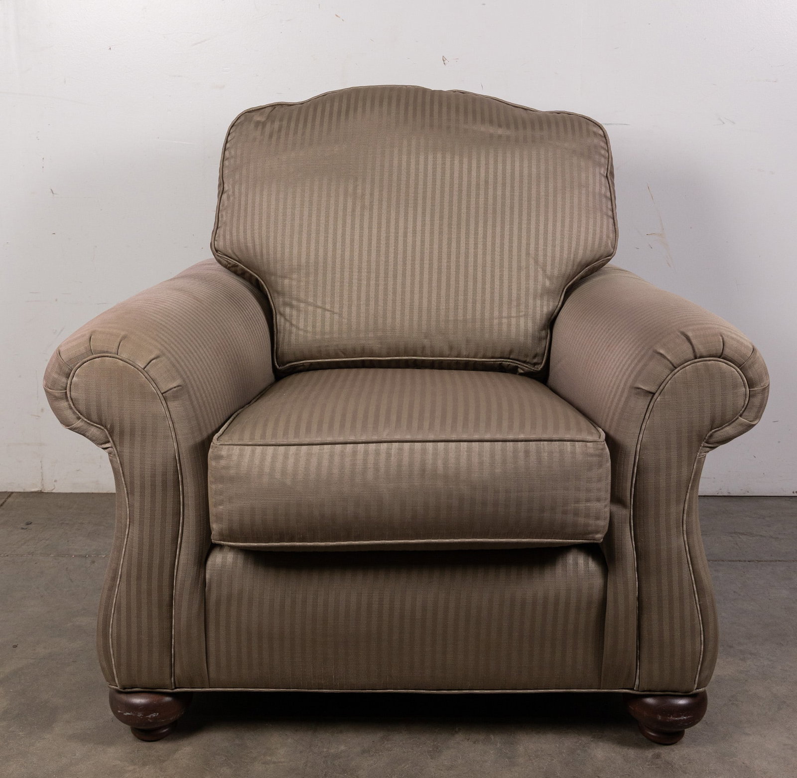 Ethan Allen Sage Green Striped Armchair: Ethan Allen Sage Green Striped Armchair Size 36" x 40" x 38" Literature Brooks Auction – Online Auction Terms & Conditions Contact: (856) 694-2960 | info@brooks.auction READ BEFORE YOU BID: We