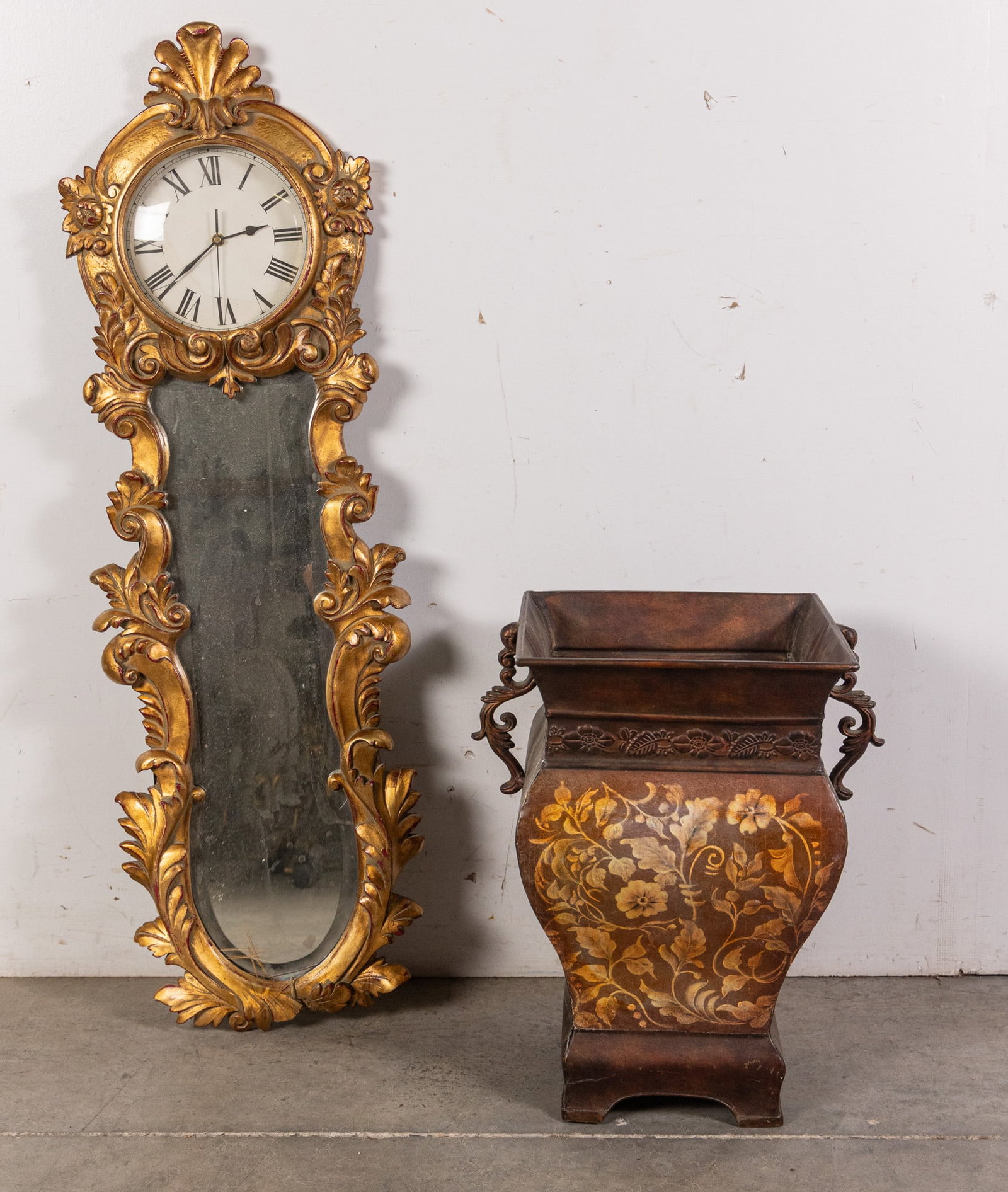 Two Pieces of Decor: Ornate gold toned wall mounted clock with mirror - decorative metal planter/trash bin Size 42" H Literature Brooks Auction – Online Auction Terms & Conditions Contact: (856) 694-2960 |