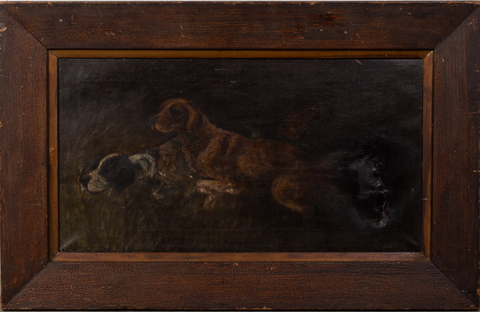 Antique Painting of Dogs, Oil on Canvas Framed: Antique Painting of Dogs, Oil on Canvas Framed: there is a repair to the canvas pictured Size 26" x 40" Literature Brooks Auction – Online Auction Terms & Conditions Contact: (856) 694-2960 |