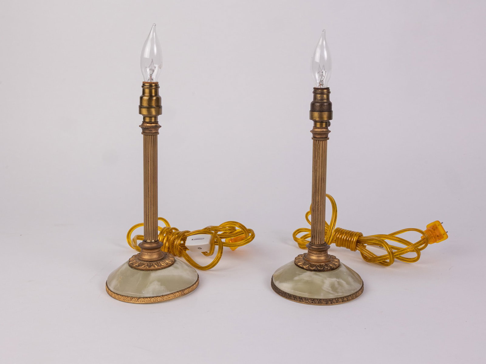 Pair of Vintage Candlestick Lamps with Green Onyx Base: Pair of Vintage Candlestick Lamps with Green Onyx Base Size 11" H Literature Brooks Auction – Online Auction Terms & Conditions Contact: (856) 694-2960 | info@brooks.auction READ BEFORE YOU