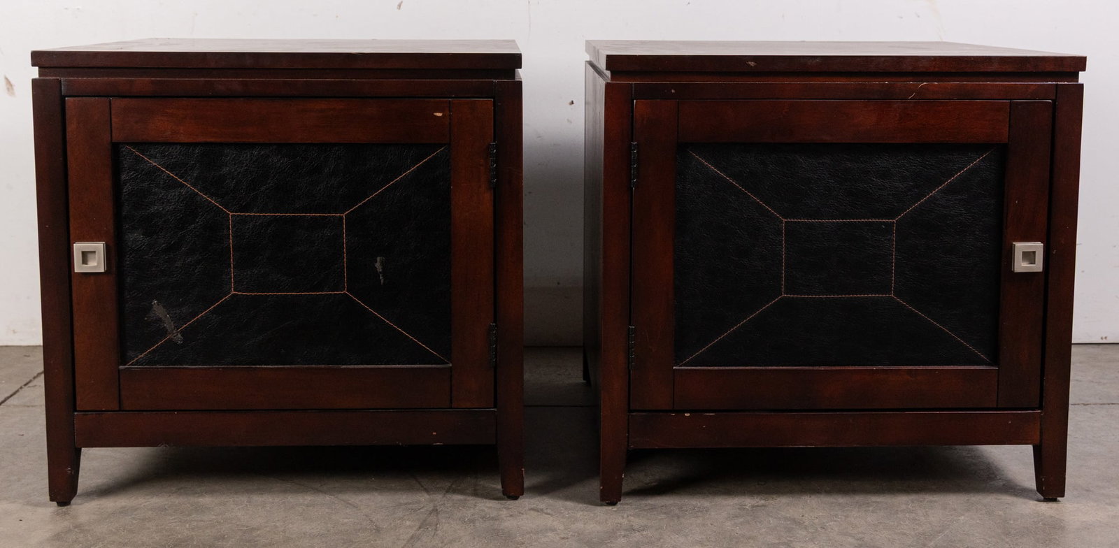 Pair of Contemporary End Tables w/ Storage Cabinet: Pair of Contemporary End Tables w/ Storage Cabinet Size 21" x 22" x 22" Literature Brooks Auction – Online Auction Terms & Conditions Contact: (856) 694-2960 | info@brooks.auction READ BEFORE