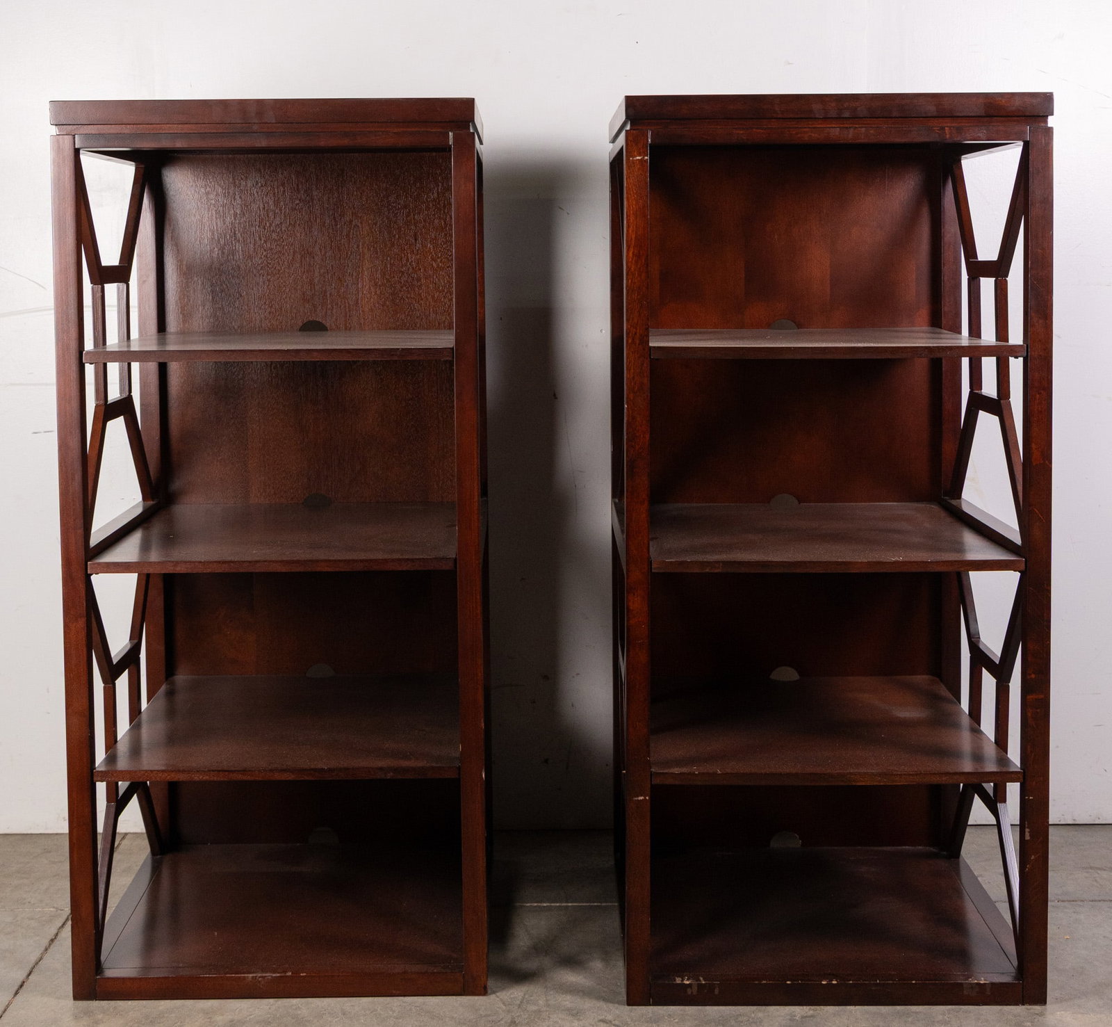 Pair of Contemporary Shelving Units: Pair of Contemporary Shelving Units Size 48" x 22" x 22" Literature Brooks Auction – Online Auction Terms & Conditions Contact: (856) 694-2960 | info@brooks.auction READ BEFORE YOU BID: We want