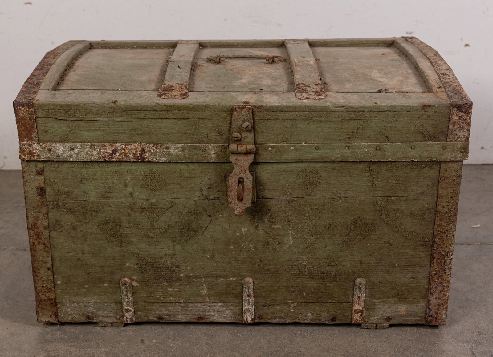 Antique Green Painted Trunk w/ Applied Fabric Interior (1 of 3)