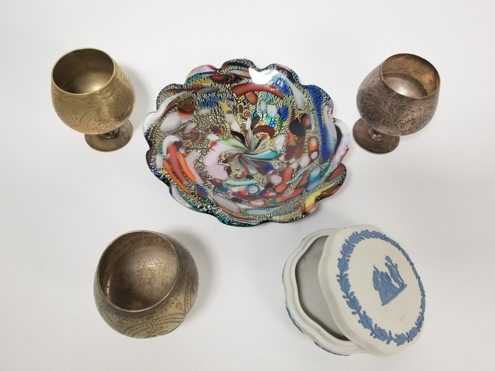 Decorative Assortment Lot ft. Murano Glass Bowl: Murano Glass Bowl - Vintage Wedgwood Jasperware Trinket Box - Silver-Plated Goblets Size 7" x 12" x 12" Literature Brooks Auction – Online Auction Terms & Conditions Contact: (856) 694-2960 | i