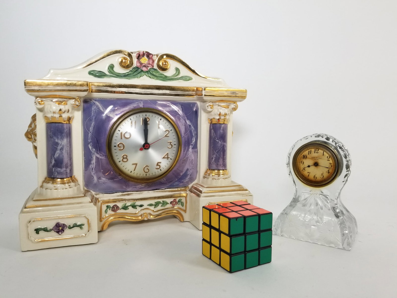 Pair of Vintage Clocks ft. New Haven Crystal Mantel Clock - 2