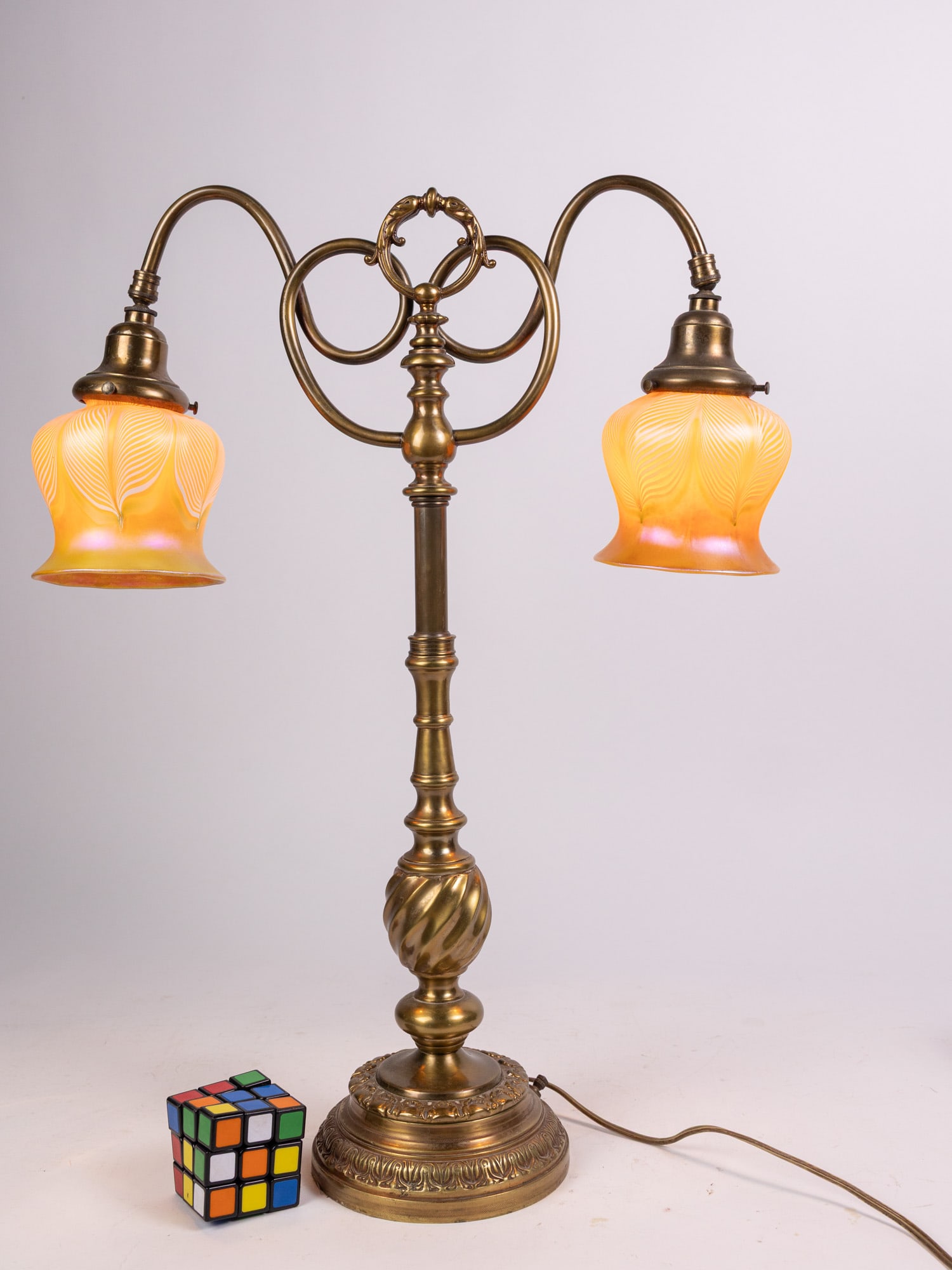 Pair of Quezal Shades with Ornate Brass Lamp - 2