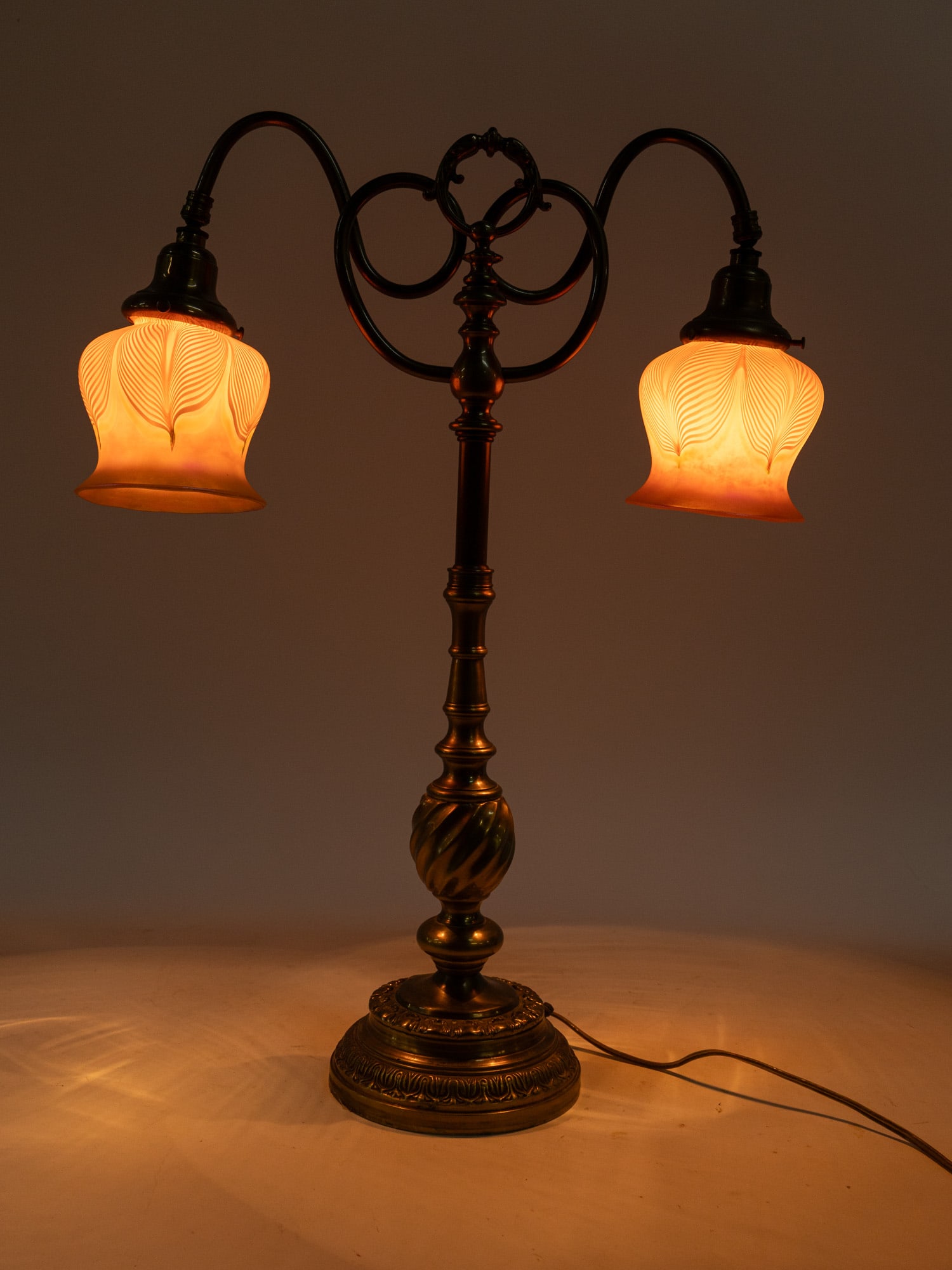 Pair of Quezal Shades with Ornate Brass Lamp - 7