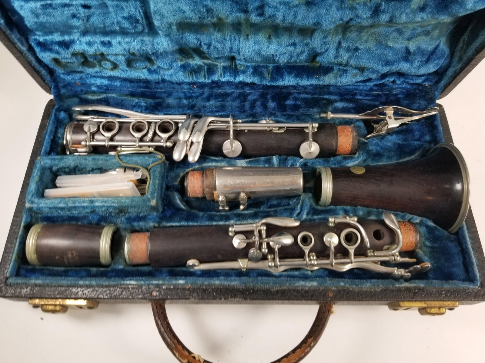Vintage Wooden Clarinet in Blue Velvet-Lined Case - 2