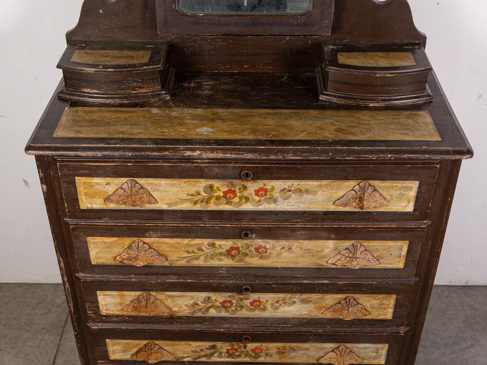 Hand Painted Antique Victorian Four Drawer Dresser with Mirror - 4