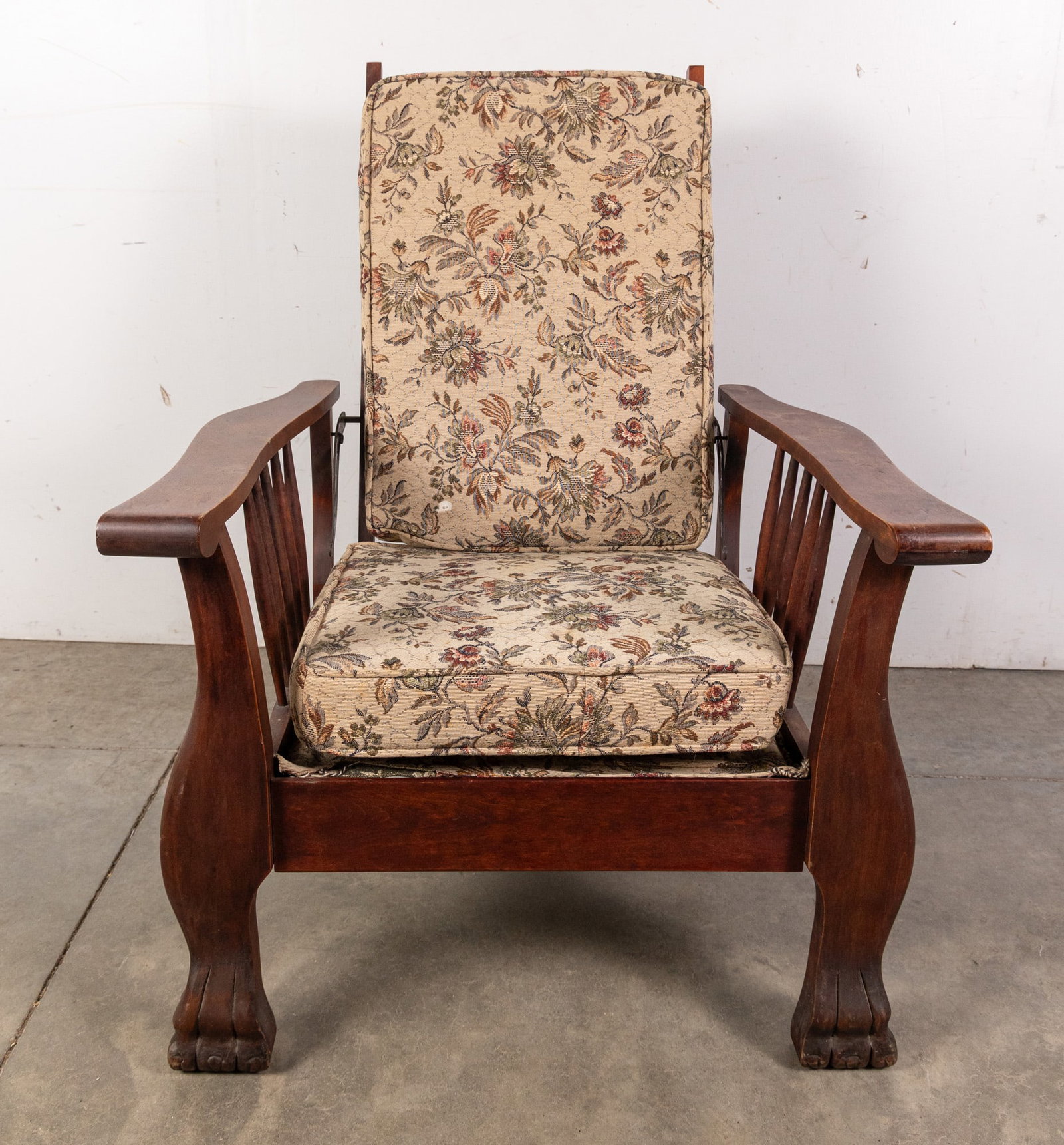 Vintage Upholstered Morris Reclining Back Arm Chair: Vintage Upholstered Morris Reclining Back Arm Chair Size 39" x 31" x 32" Literature Brooks Auction – Online Auction Terms & Conditions Contact: (856) 694-2960 | info@brooks.auction READ BEFORE