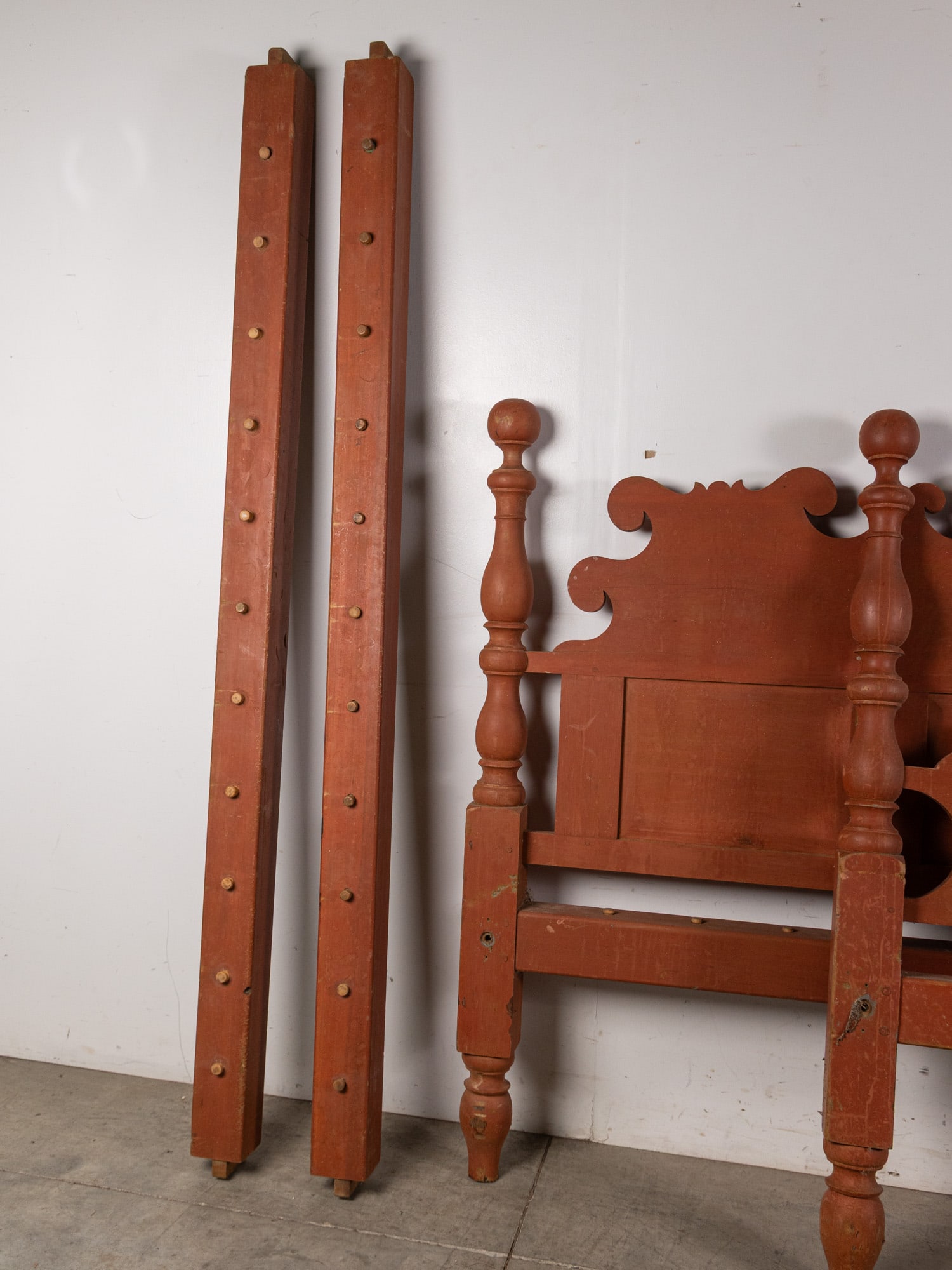 Antique Early Rope Bed Frame with Red Patina Paint - 2