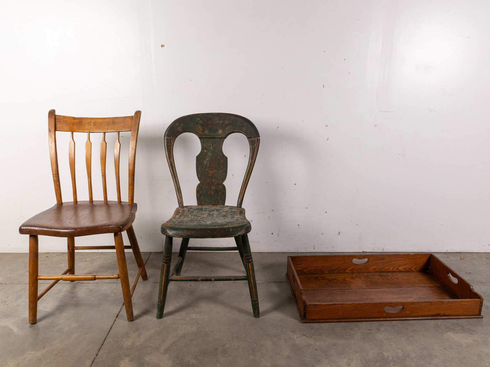 Rustic Farmhouse Assortment Lot: Oak Wood Serving Tray - Antique Arrowback Chair - Antique Painted Side Chair Literature Brooks Auction – Online Auction Terms & Conditions Contact: (856) 694-2960 | info@brooks.auction READ