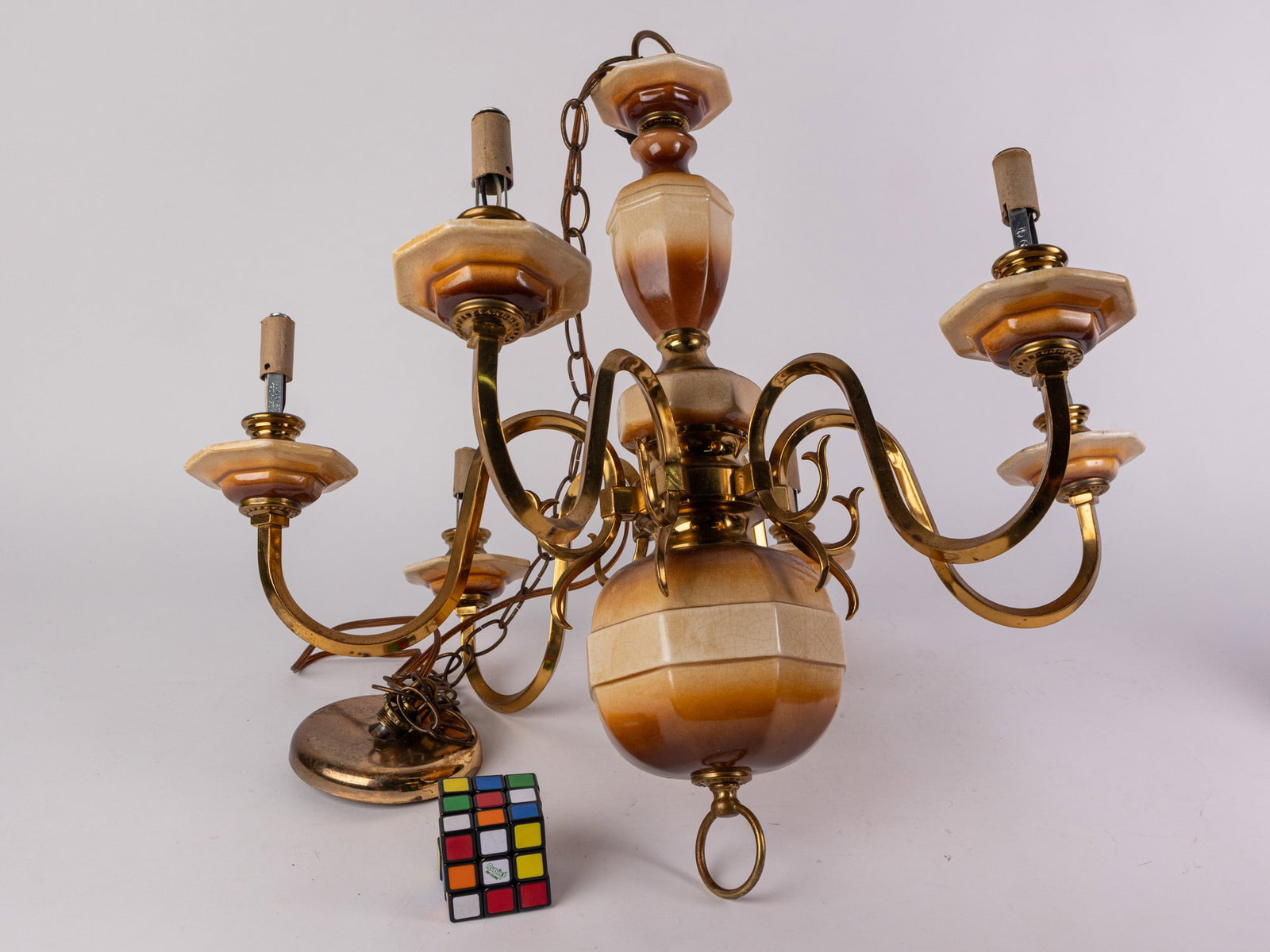 Vintage Ornate Ceramic and Brass Chandelier - 2