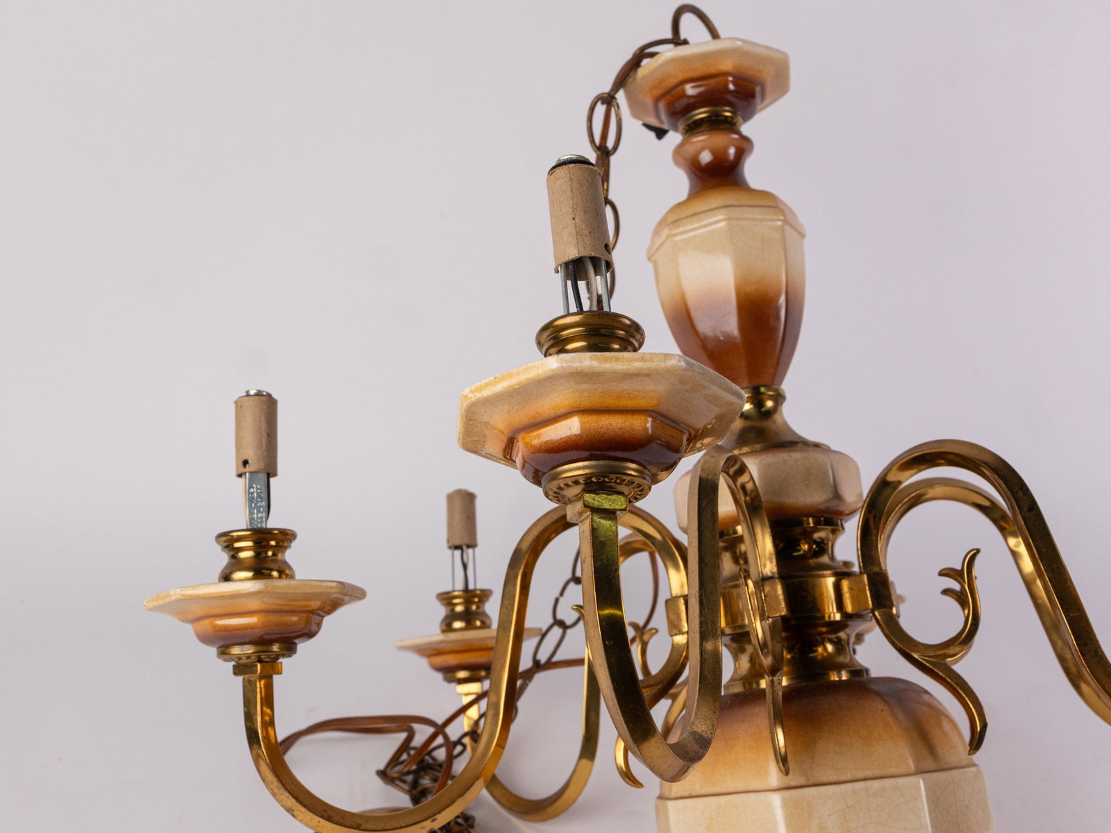 Vintage Ornate Ceramic and Brass Chandelier - 4