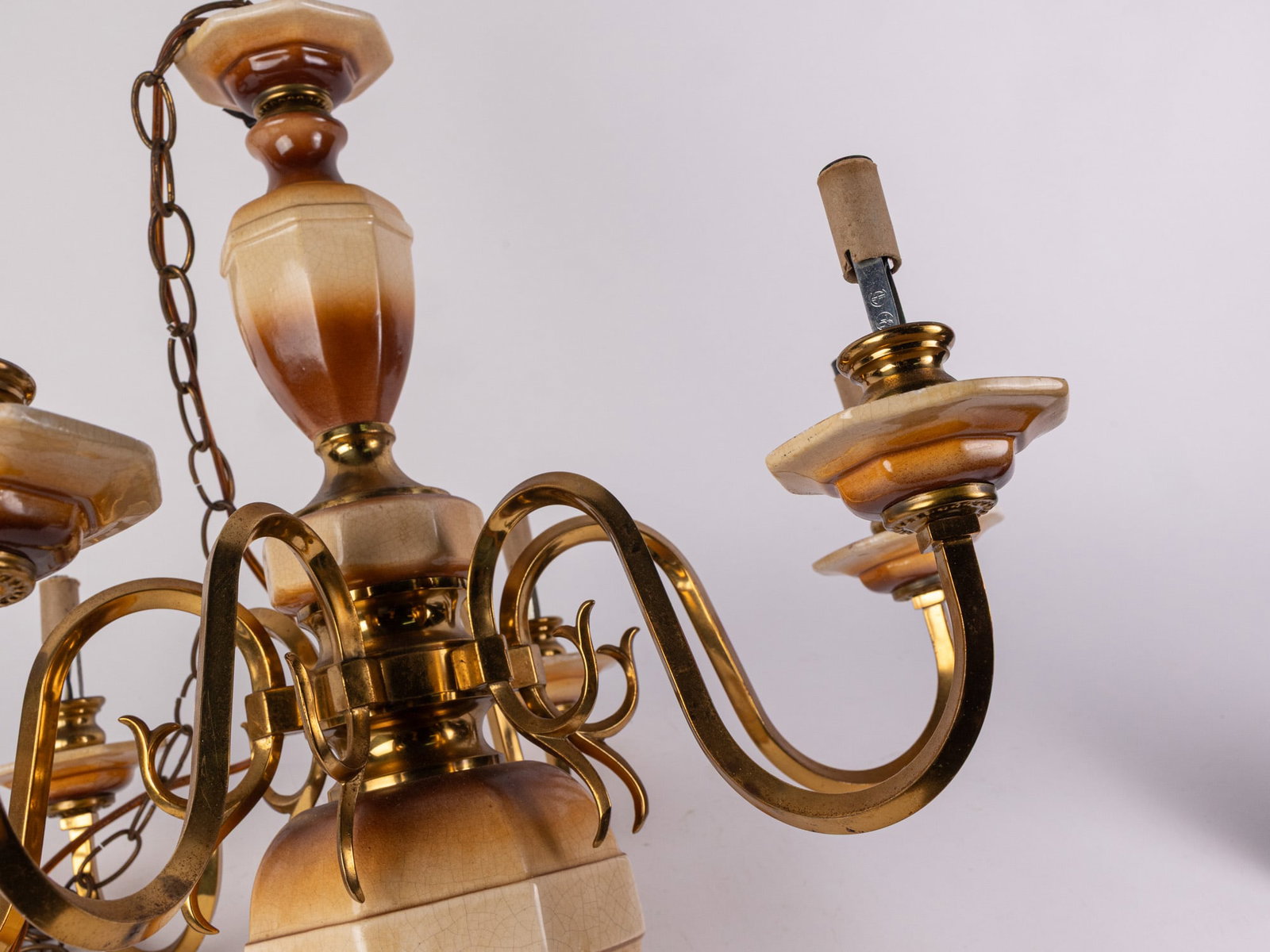 Vintage Ornate Ceramic and Brass Chandelier - 5