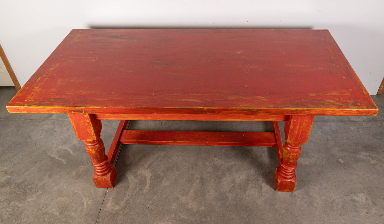 Primitive Red Painted Wooden Dining Table - 2