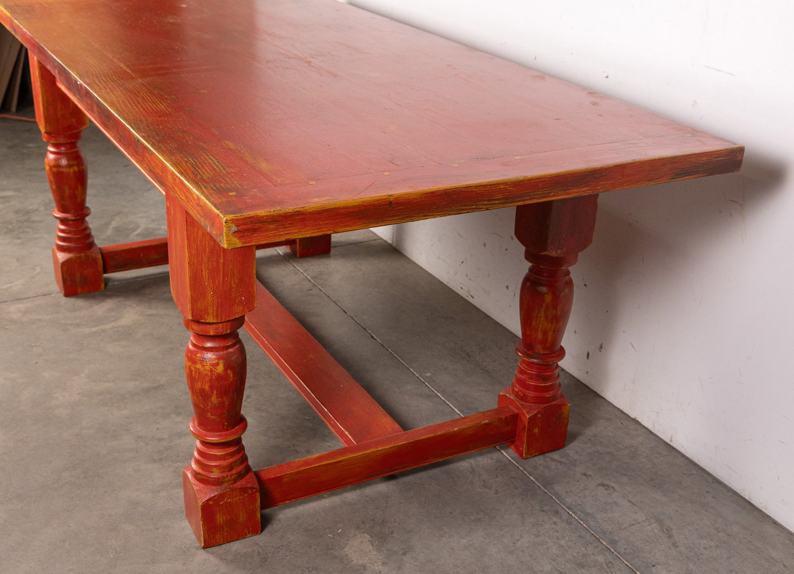 Primitive Red Painted Wooden Dining Table - 3