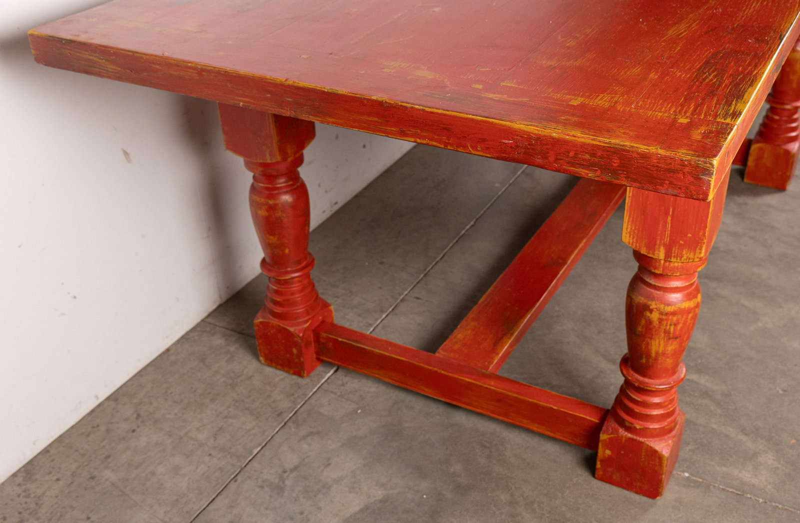 Primitive Red Painted Wooden Dining Table - 4