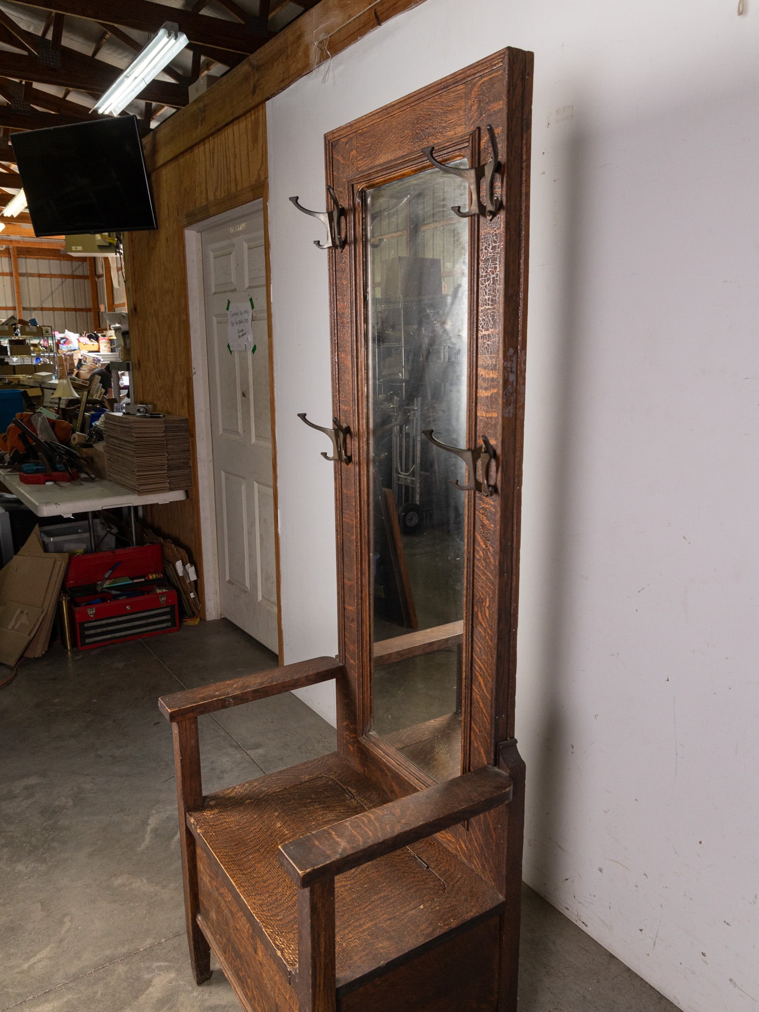 Antique Oak Hall Rack with Mirror - 7