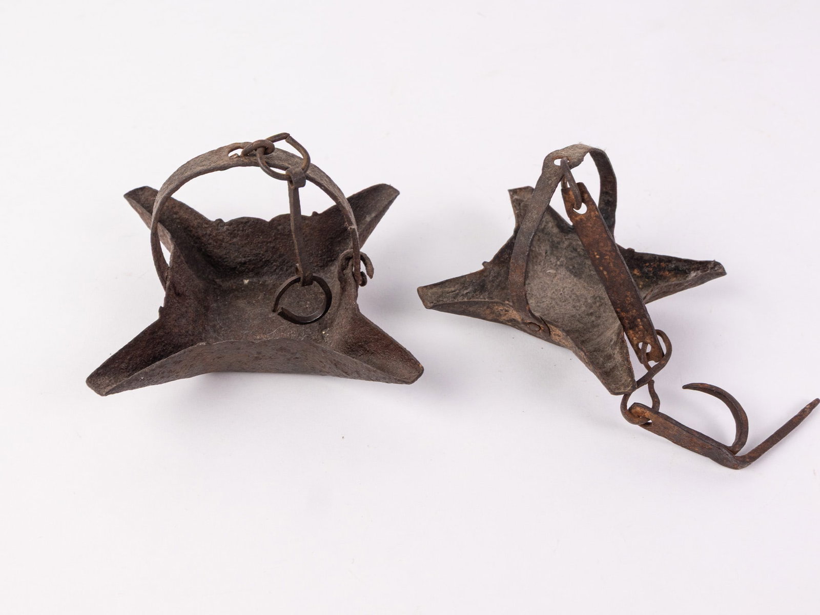 Two Early Wrought Iron Primitive Oil Lamps - 4